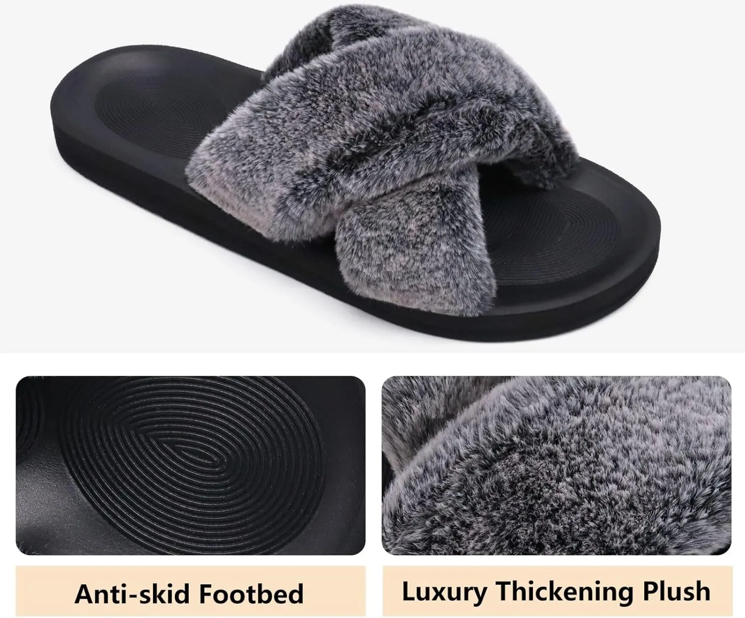COFACE Womens Fuzzy Slides Fluff Faux Fur Cross Slippers Open Toe Yoga Mat House Slippers Sandals With Arch Support For Indoor/Outdoor