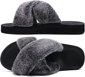 COFACE Womens Fuzzy Slides Fluff Faux Fur Cross Slippers Open Toe Yoga Mat House Slippers Sandals With Arch Support For Indoor/Outdoor