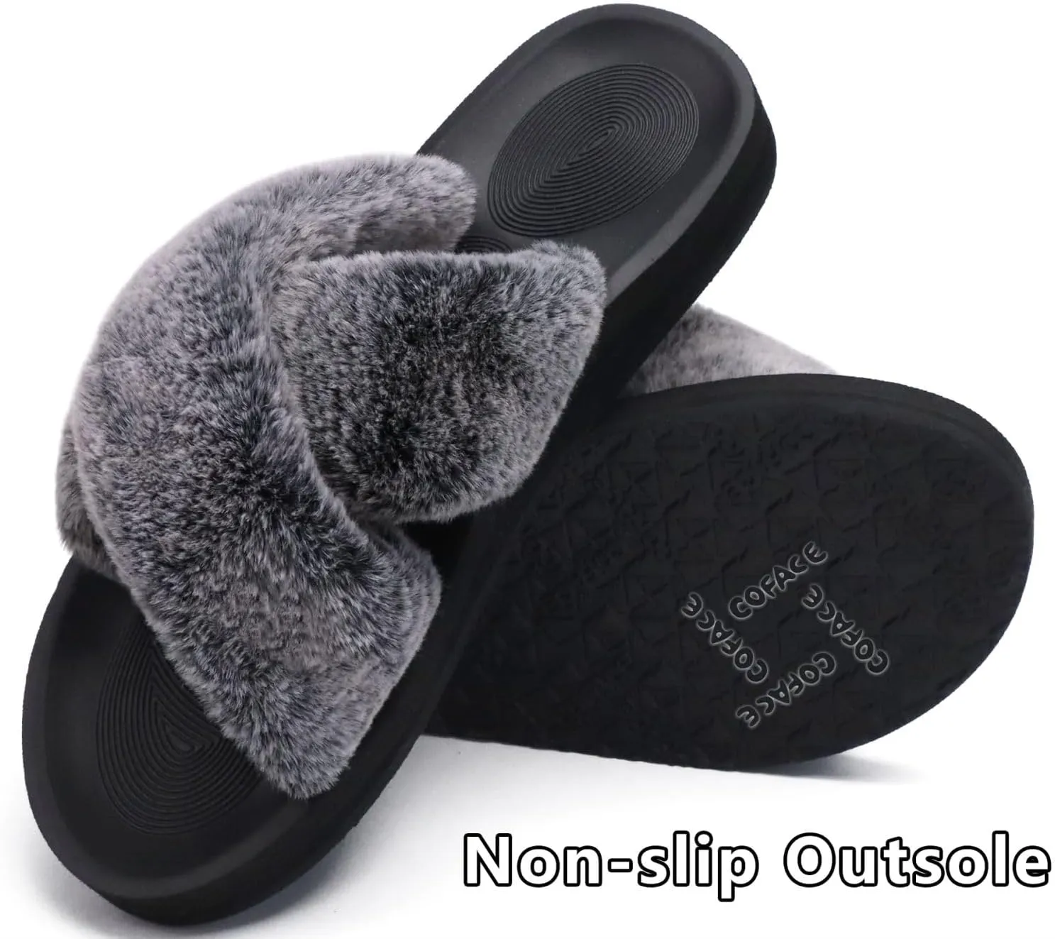 COFACE Womens Fuzzy Slides Fluff Faux Fur Cross Slippers Open Toe Yoga Mat House Slippers Sandals With Arch Support For Indoor/Outdoor
