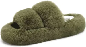 COFACE Womens House Slippers Woman Fuzzy Fluff Indoor Slipper Ladies Furry Fur Bedroom Slip On Slipers Women’s Home Winter Open Toe Plush Shearling Slide Size 5-11