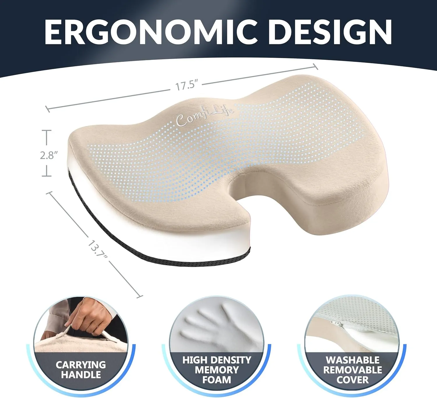 ComfiLife Premium Gel & Memory Foam Seat Cushion – Doctor Recommended Office Chair Cushion, Car Seat Cushion – Chair Cushions for Back & Sciatica Pain Relief – Seat Cushions for Office & Desk (Beige)