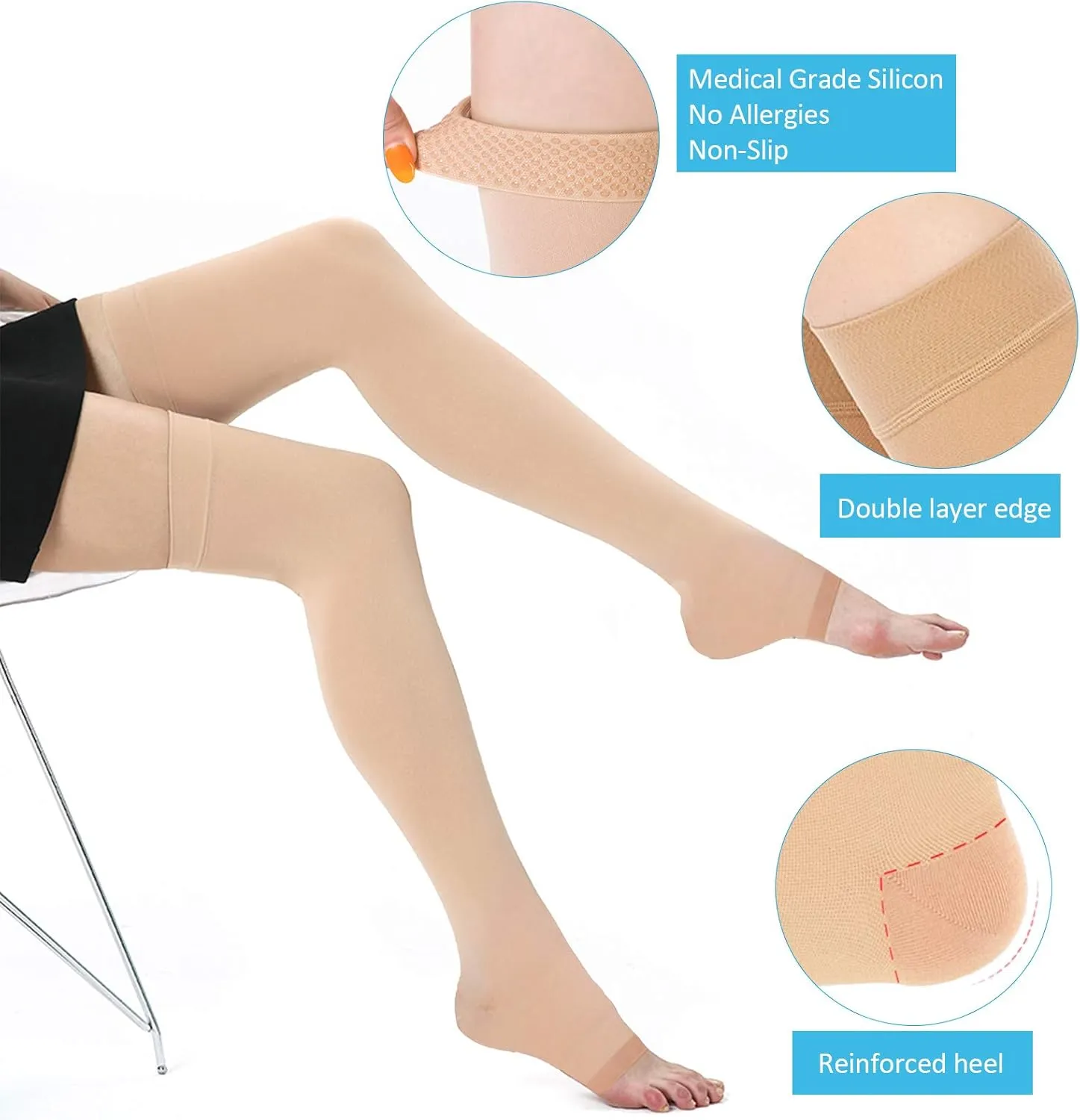 Compression Stockings Thigh High for Women Men 20-30 mmhg Graduated Compression Socks Open Toe Compression Support Hose with Non-Slide Silicone Dot Band for Swelling and Varicose Veins (Beige,S)