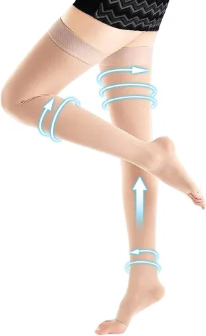 Compression Stockings Thigh High for Women Men 20-30 mmhg Graduated Compression Socks Open Toe Compression Support Hose with Non-Slide Silicone Dot Band for Swelling and Varicose Veins (Beige,S)