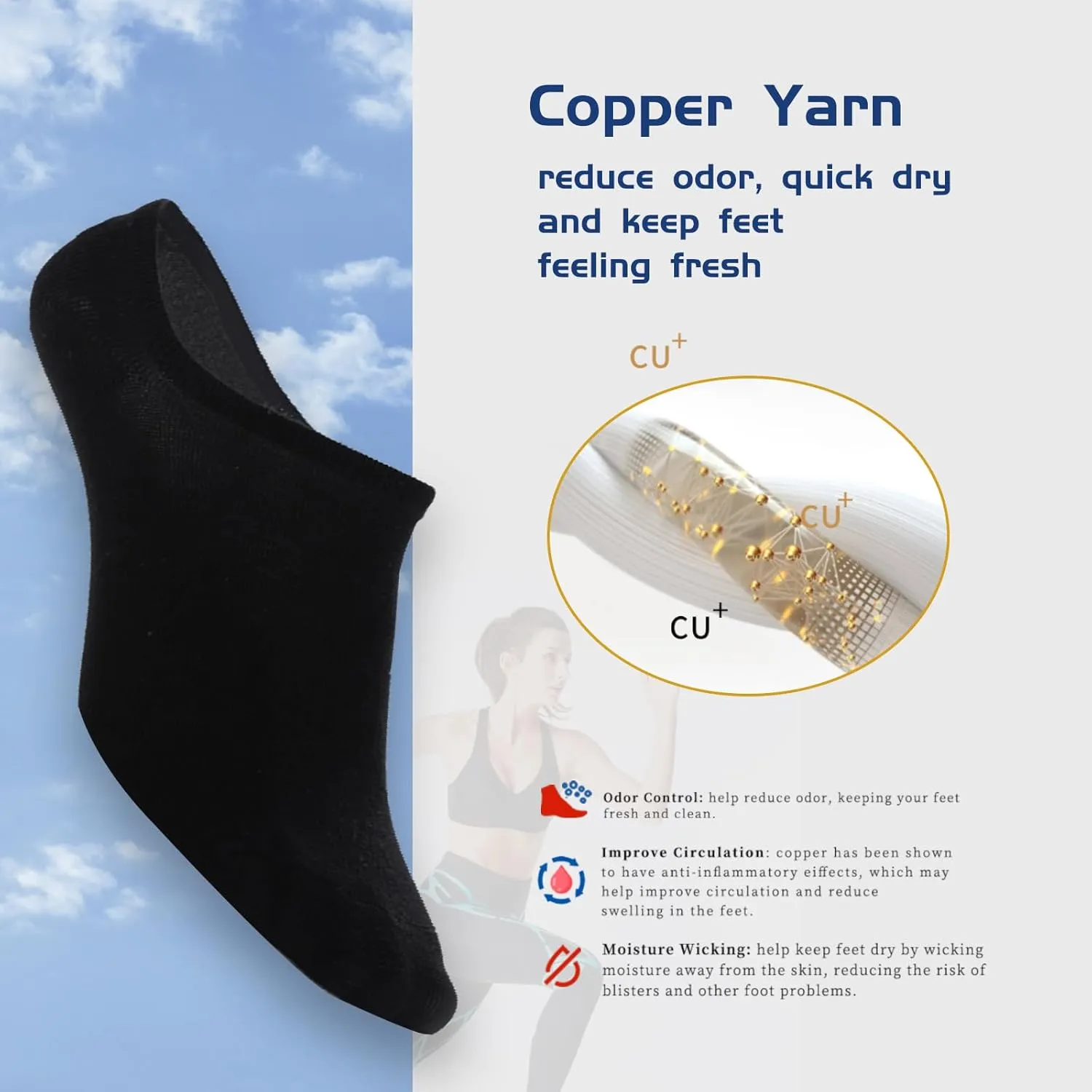 Copper Infused No Show Socks for Men and Women Non-slip Low Cut Socks