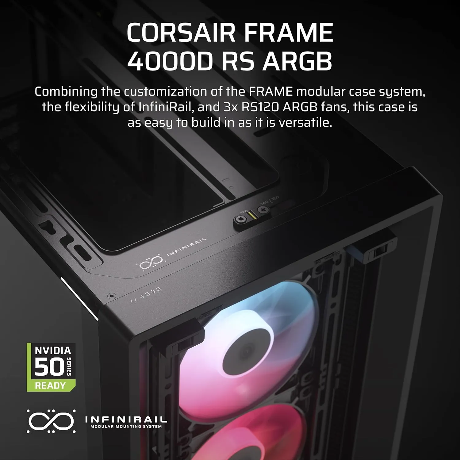 CORSAIR 4000D RS ARGB Frame Modular Mid-Tower ATX PC Case – High Airflow, 3X Pre-Installed RS ARGB Fans, InfiniRail™ Fan Mounting System, ASUS BTF, MSI Project Zero, Gigabyte Project Stealth – Black