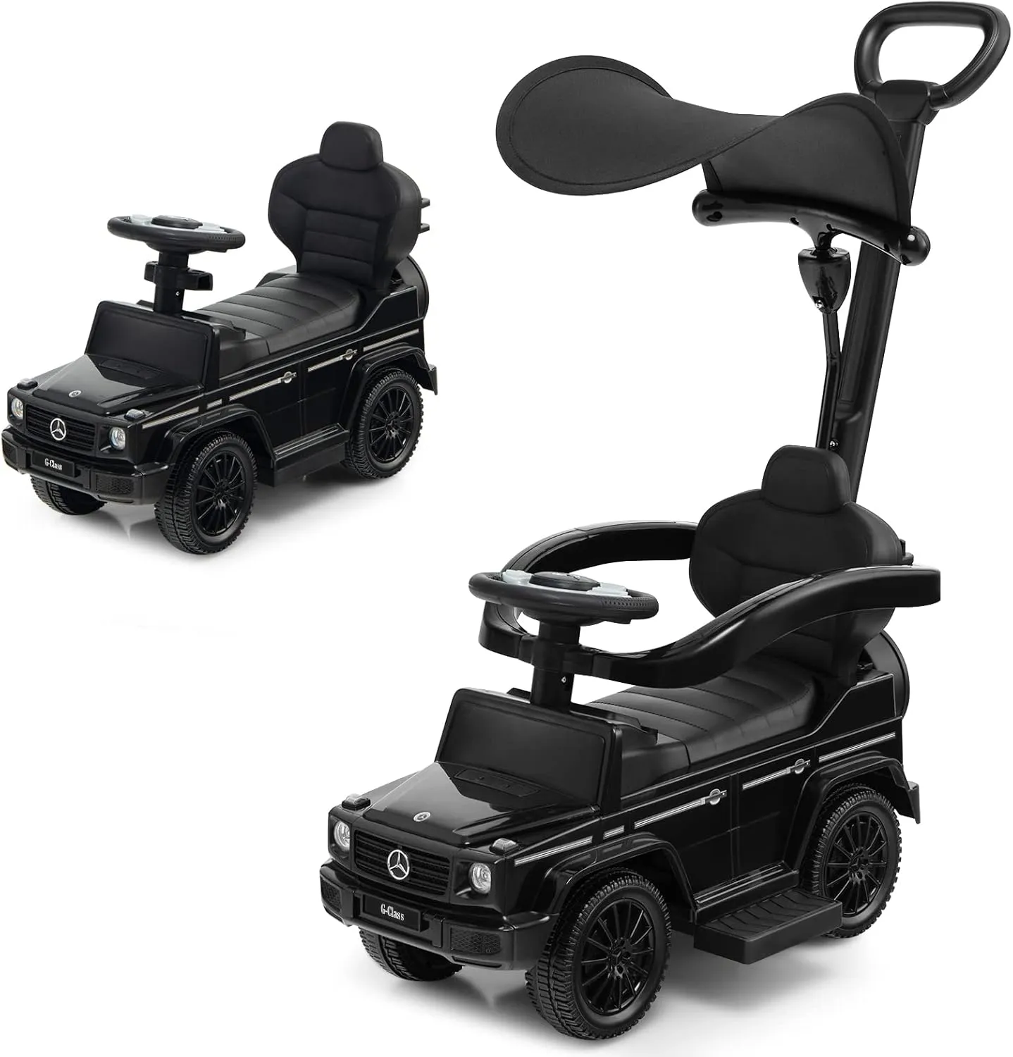 Costzon Push Car for Toddlers, 3 in 1 Mercedes Benz Stroller Sliding Walking Car w/Canopy, Handle, Armrest Guardrail, Underneath Storage, Horn Sound, Foot-to-Floor Ride On Toy for Boys Girls (Black)