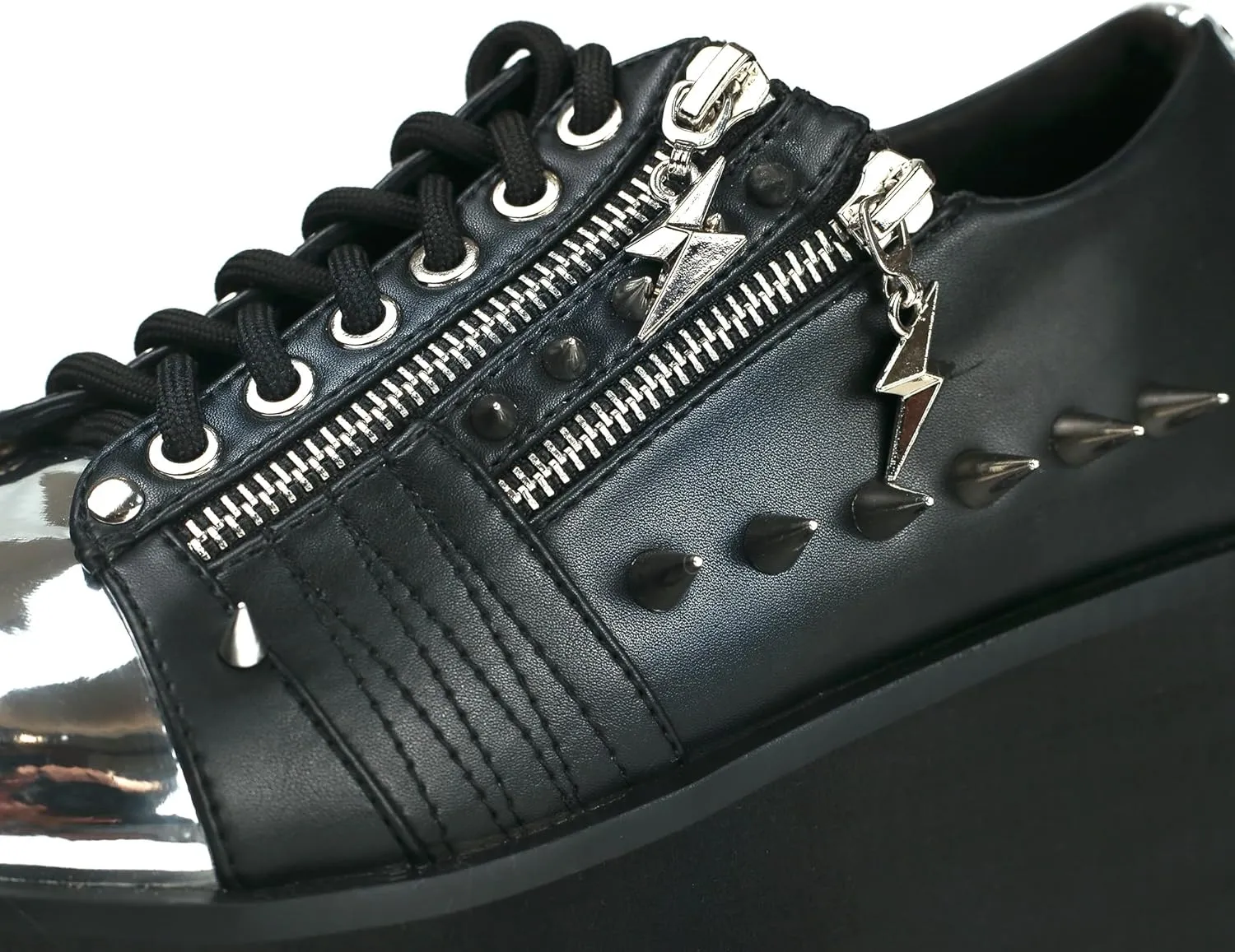 DETOGNI Women's Silver Studs Chrome Plated Toe Cap Platform Wedges Shoes Lace Up Ornamental Metal Lightening Bolt Zippers Boots