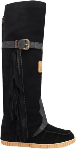 Dingo Womens Lakota Fringe Round Toe Moccasin Casual Boots Over the Knee Mid Heel 2-3" - Black