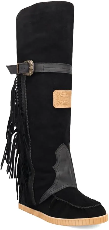 Dingo Womens Lakota Fringe Round Toe Moccasin Casual Boots Over the Knee Mid Heel 2-3" - Black