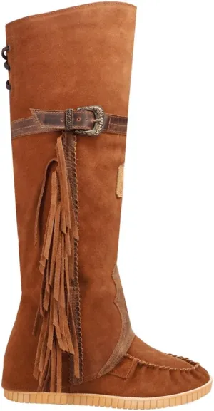 Dingo Womens Lakota Fringe Round Toe Moccasin Casual Boots Over the Knee Mid Heel 2-3" - Black