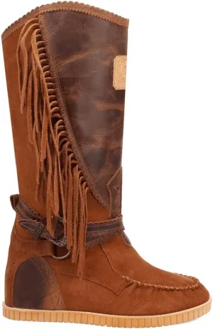 Dingo Womens Natchez Fringe Round Toe Moccasin Casual Boots Knee High Mid Heel 2-3" - Brown