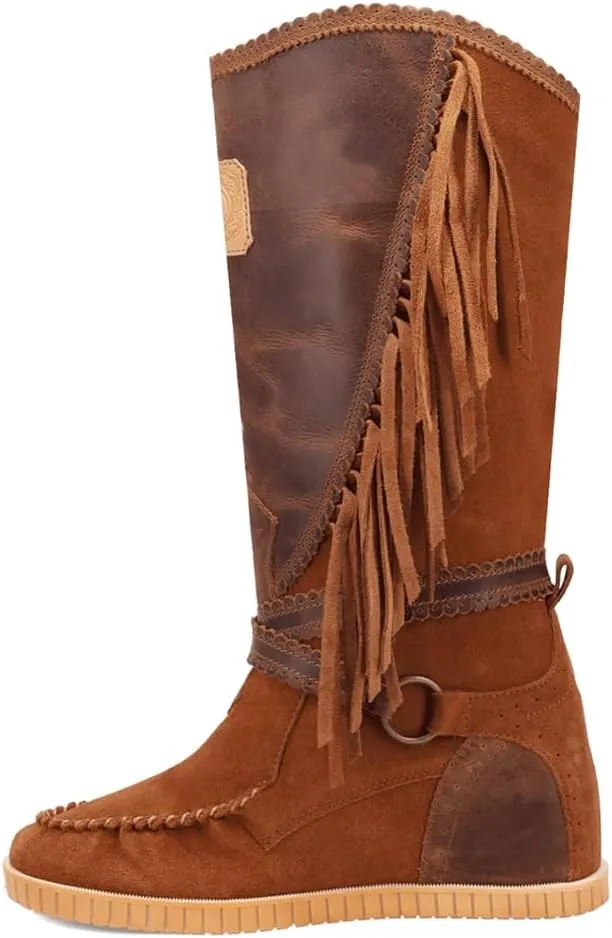 Dingo Womens Natchez Fringe Round Toe Moccasin Casual Boots Knee High Mid Heel 2-3" - Brown