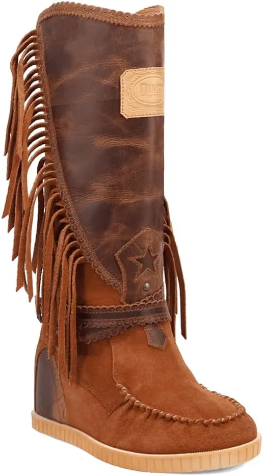 Dingo Womens Natchez Fringe Round Toe Moccasin Casual Boots Knee High Mid Heel 2-3" - Brown