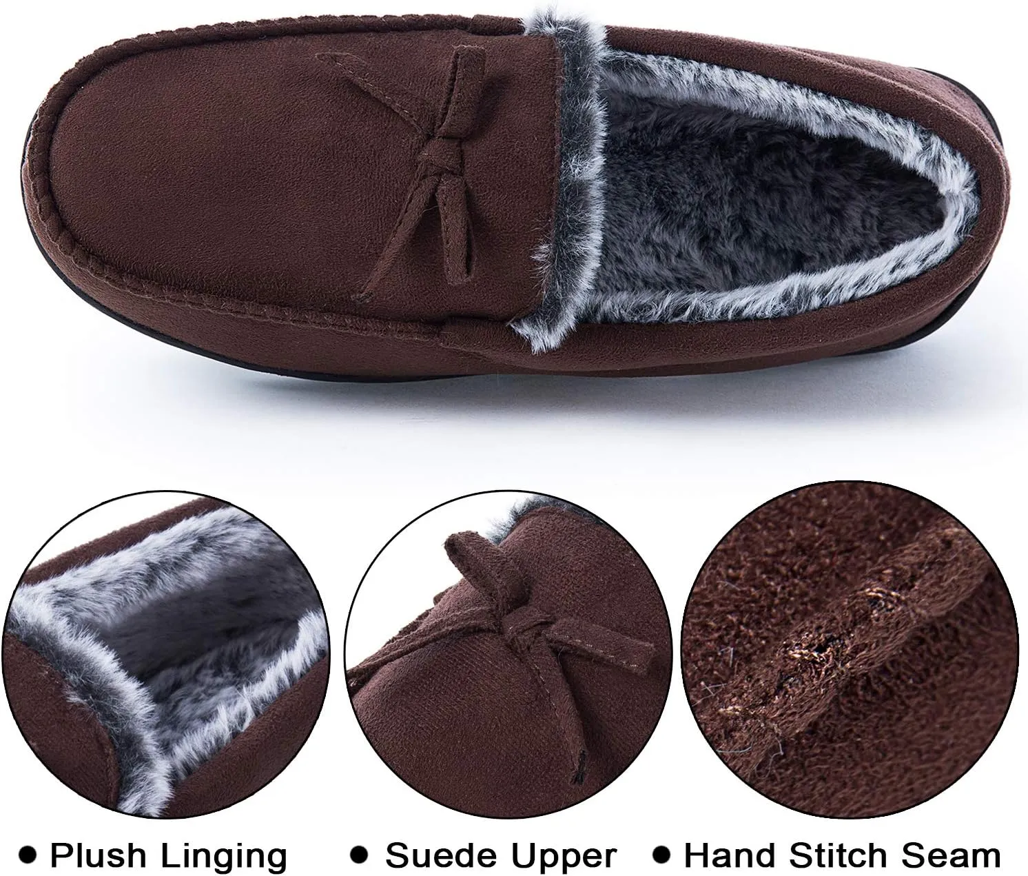 DL Men's Moccasin Slippers - Indoor & Outdoor, Suede Mens House Slippers with Memory Foam, Faux Fur Lining, Non Slip Outsole