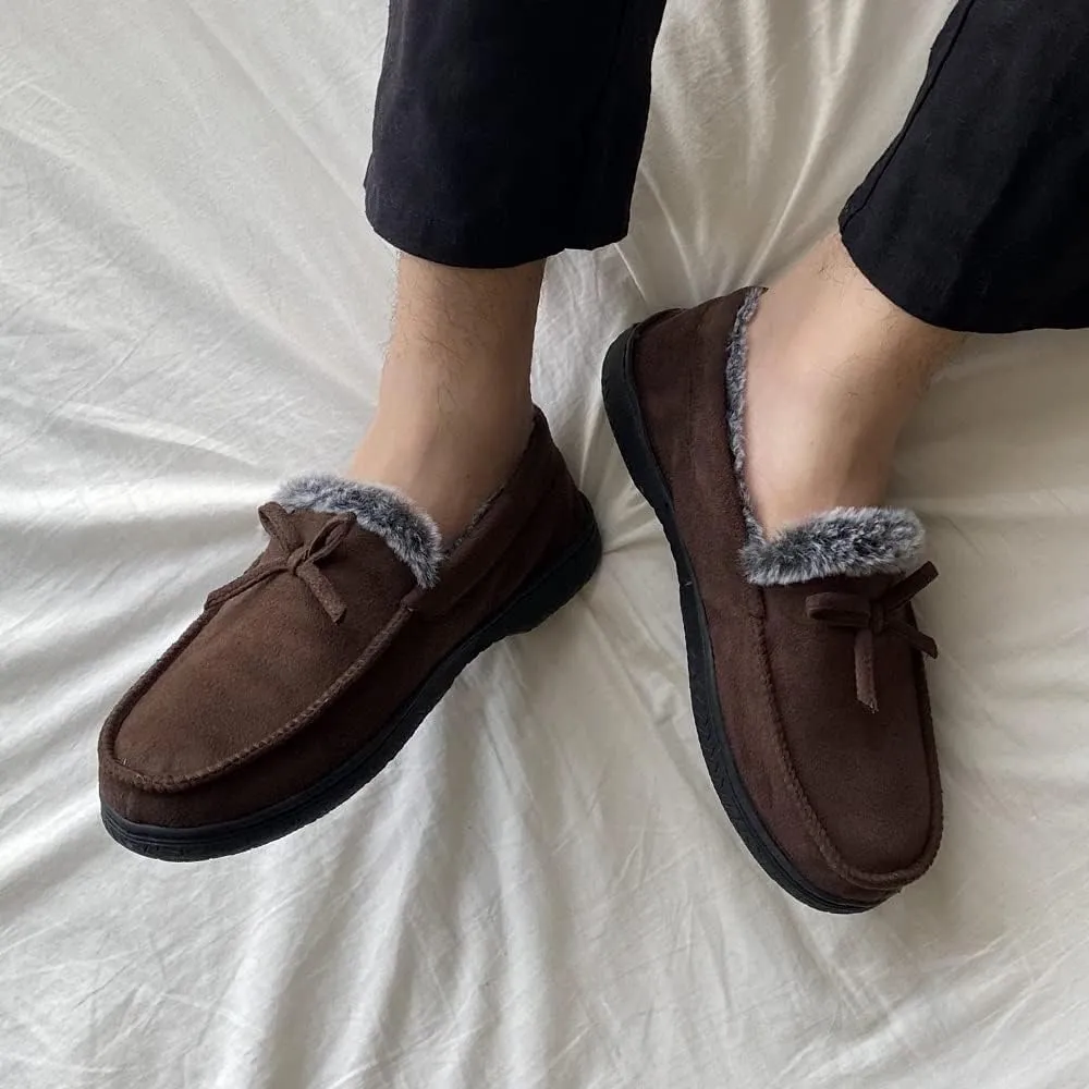 DL Men's Moccasin Slippers - Indoor & Outdoor, Suede Mens House Slippers with Memory Foam, Faux Fur Lining, Non Slip Outsole