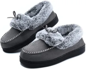 DL Women's Fuzzy Warm Moccasin Slippers Memory Foam, Soft Fluffy Winter House Closed Back Fur Lined, Cozy Ladies Suede Indoor Bedroom Houseshoes Non-Slip