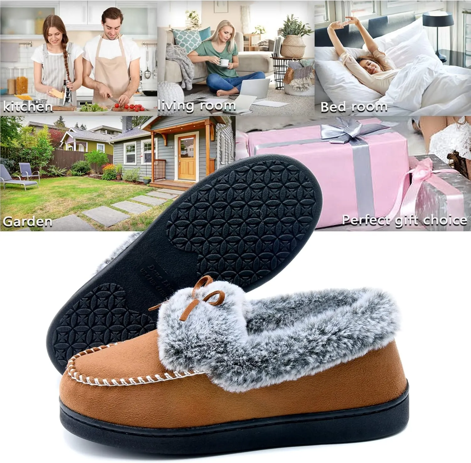 DL Women's Fuzzy Warm Moccasin Slippers Memory Foam, Soft Fluffy Winter House Closed Back Fur Lined, Cozy Ladies Suede Indoor Bedroom Houseshoes Non-Slip