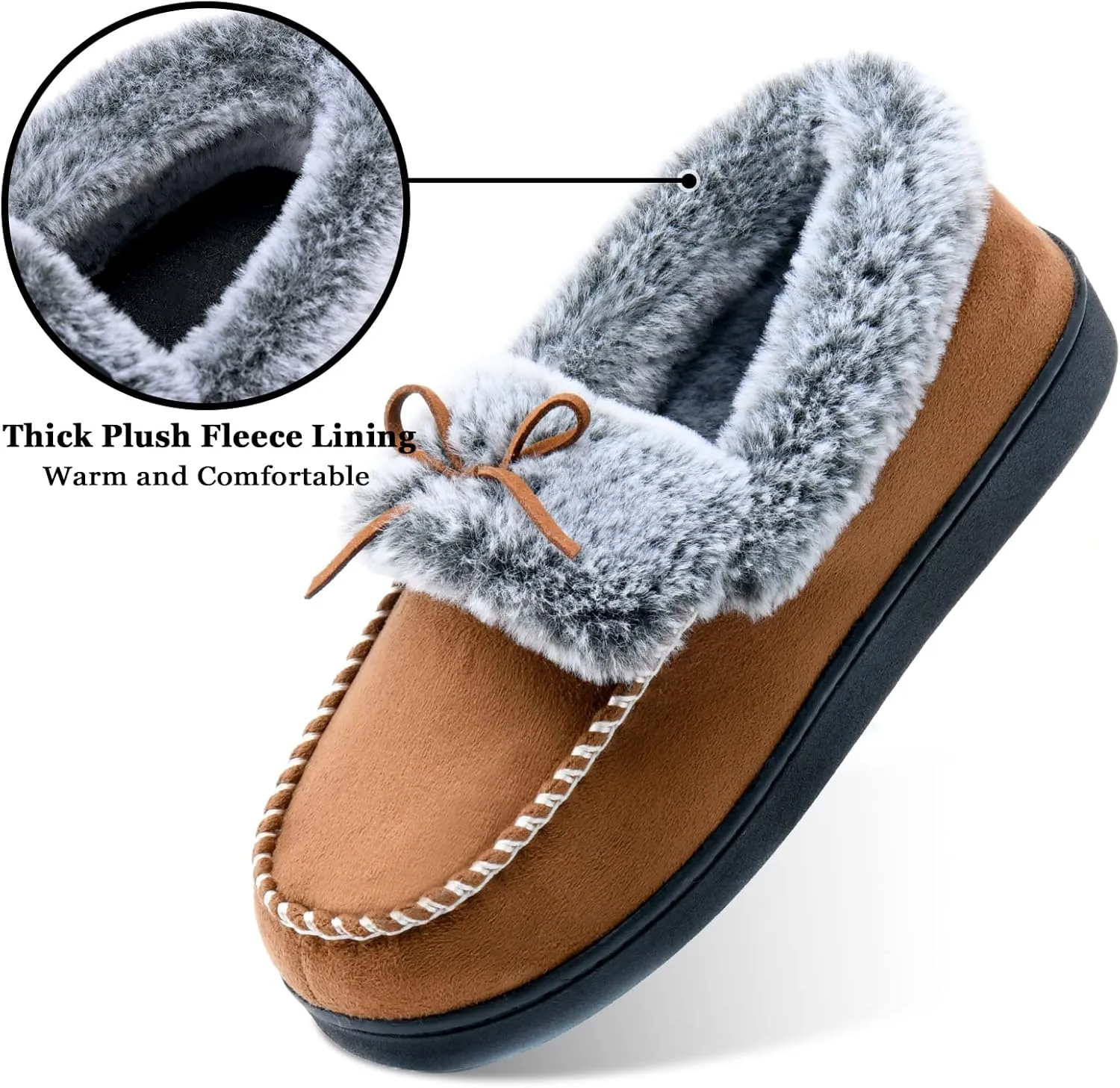 DL Women's Fuzzy Warm Moccasin Slippers Memory Foam, Soft Fluffy Winter House Closed Back Fur Lined, Cozy Ladies Suede Indoor Bedroom Houseshoes Non-Slip