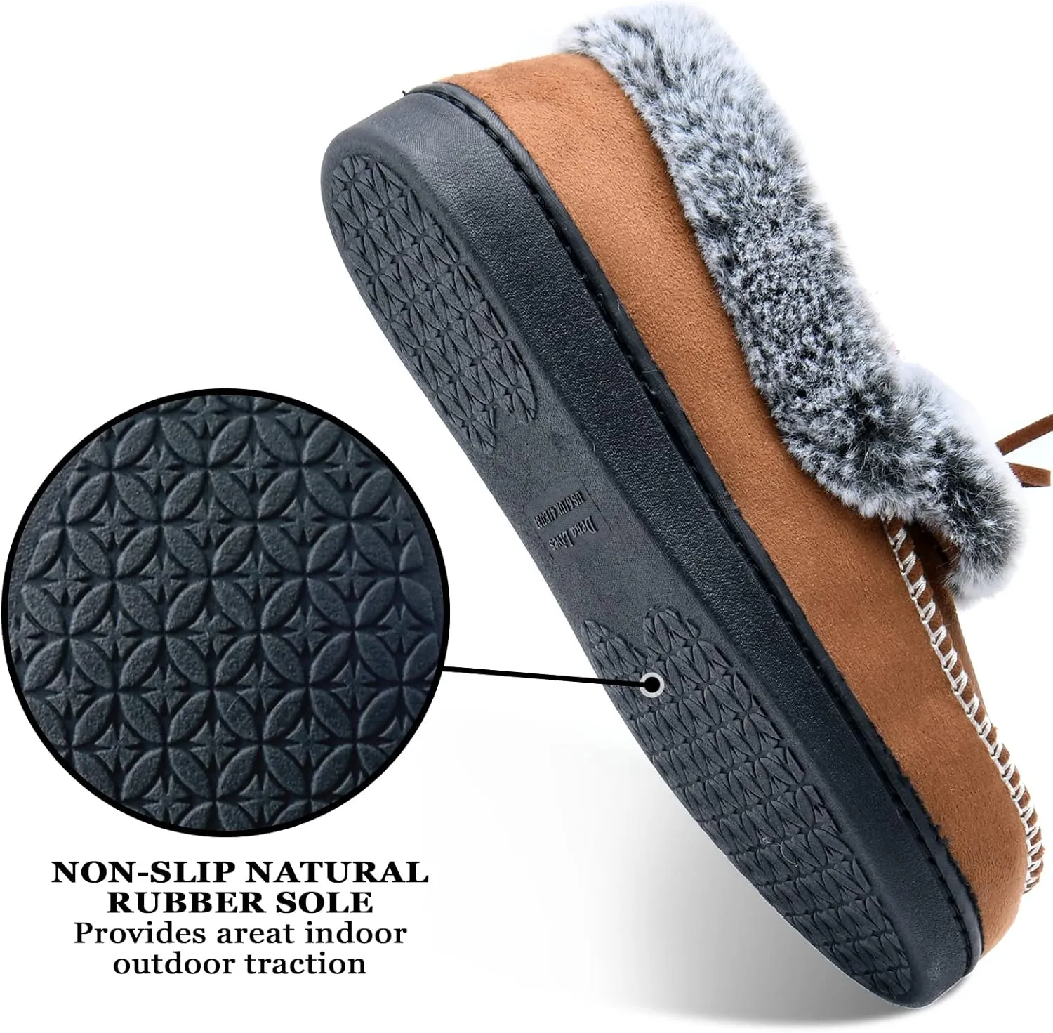 DL Women's Fuzzy Warm Moccasin Slippers Memory Foam, Soft Fluffy Winter House Closed Back Fur Lined, Cozy Ladies Suede Indoor Bedroom Houseshoes Non-Slip