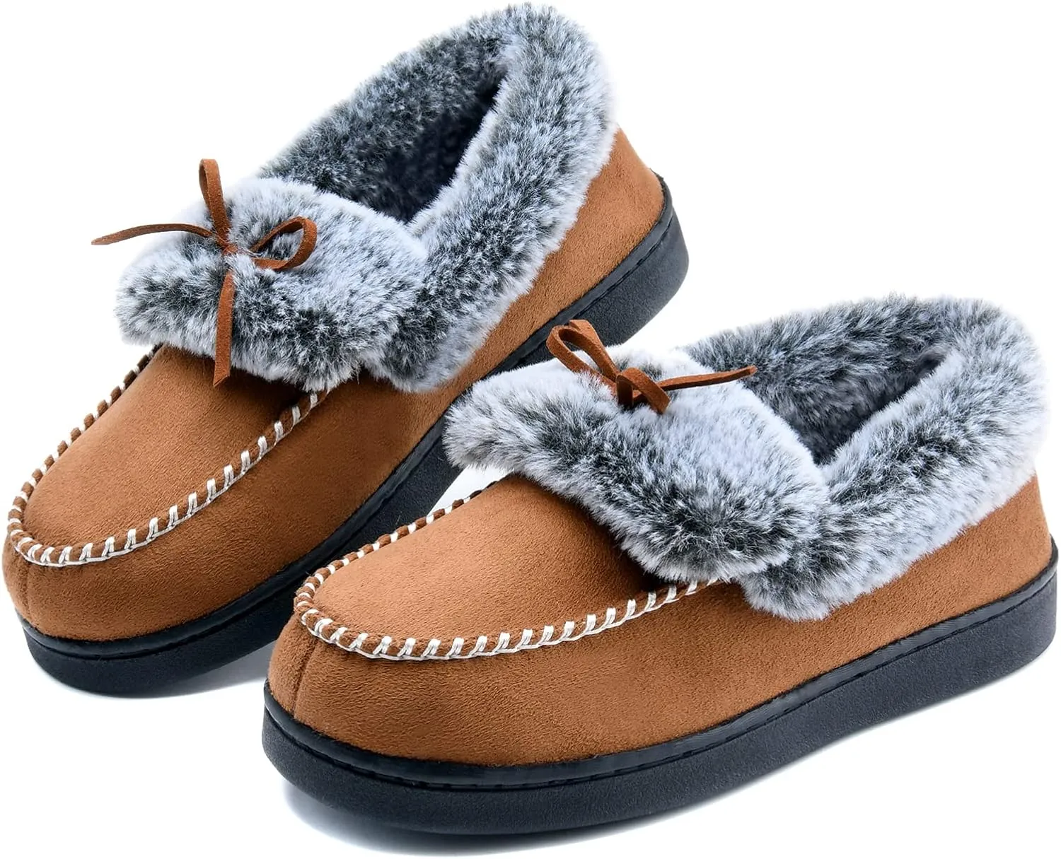 DL Women's Fuzzy Warm Moccasin Slippers Memory Foam, Soft Fluffy Winter House Closed Back Fur Lined, Cozy Ladies Suede Indoor Bedroom Houseshoes Non-Slip