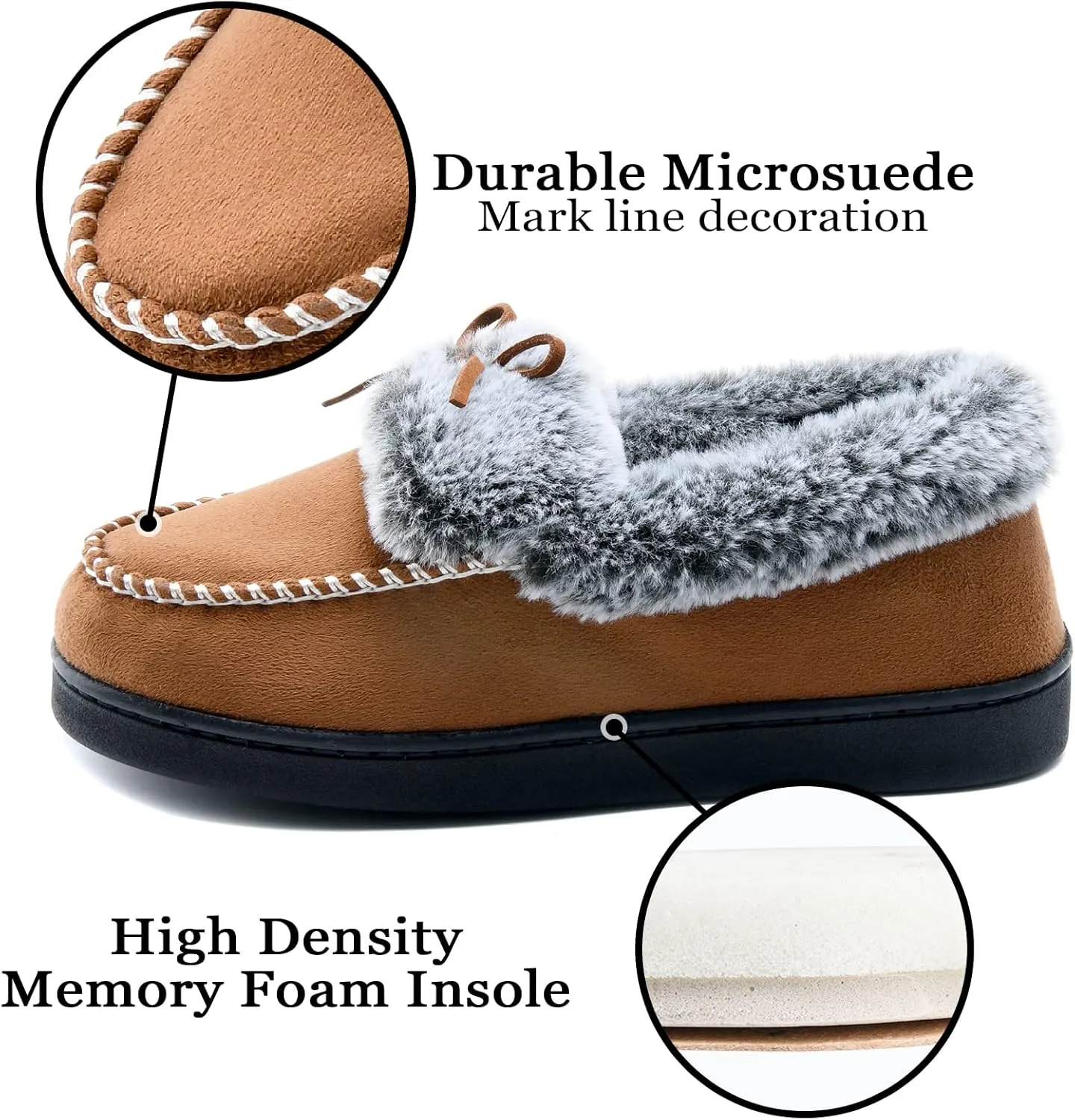 DL Women's Fuzzy Warm Moccasin Slippers Memory Foam, Soft Fluffy Winter House Closed Back Fur Lined, Cozy Ladies Suede Indoor Bedroom Houseshoes Non-Slip