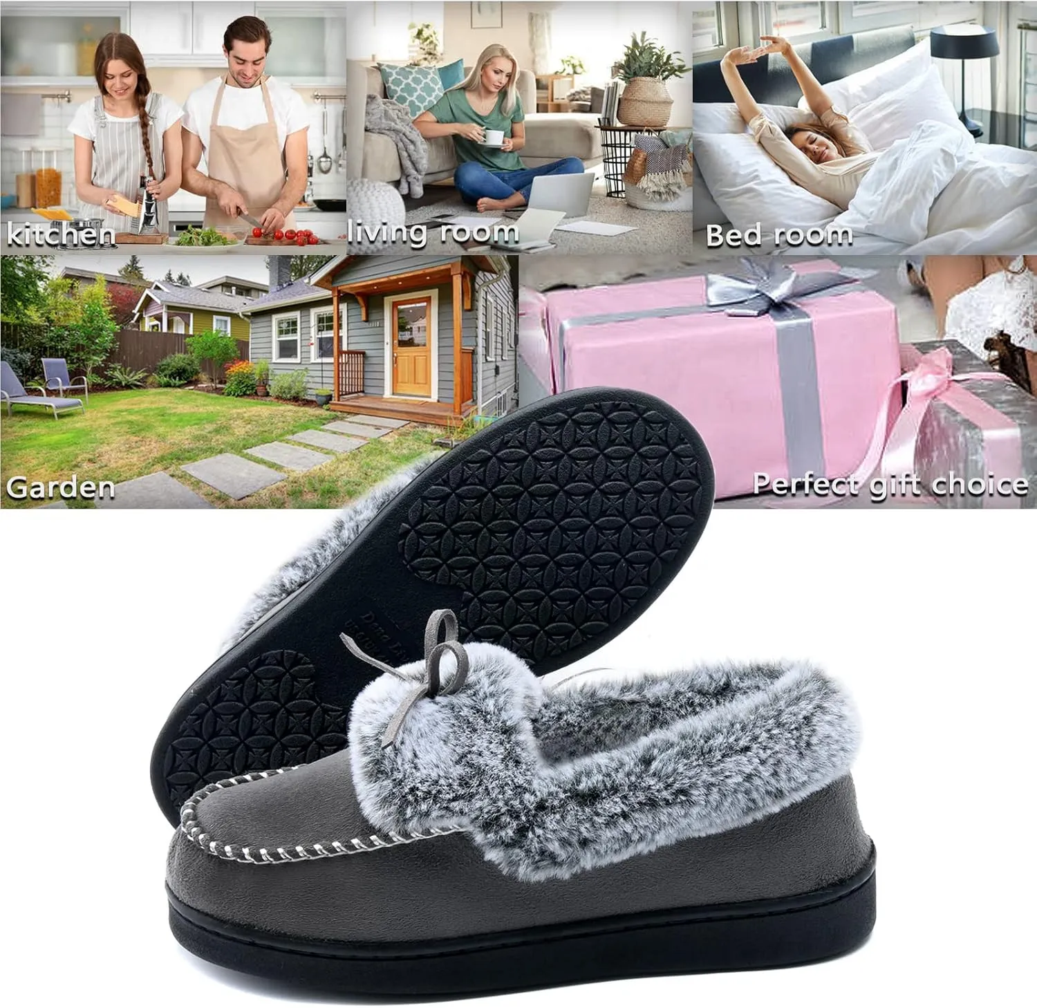 DL Women's Fuzzy Warm Moccasin Slippers Memory Foam, Soft Fluffy Winter House Closed Back Fur Lined, Cozy Ladies Suede Indoor Bedroom Houseshoes Non-Slip