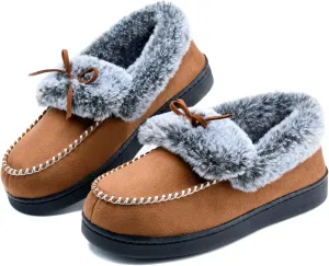 DL Women's Fuzzy Warm Moccasin Slippers Memory Foam, Soft Fluffy Winter House Closed Back Fur Lined, Cozy Ladies Suede Indoor Bedroom Houseshoes Non-Slip