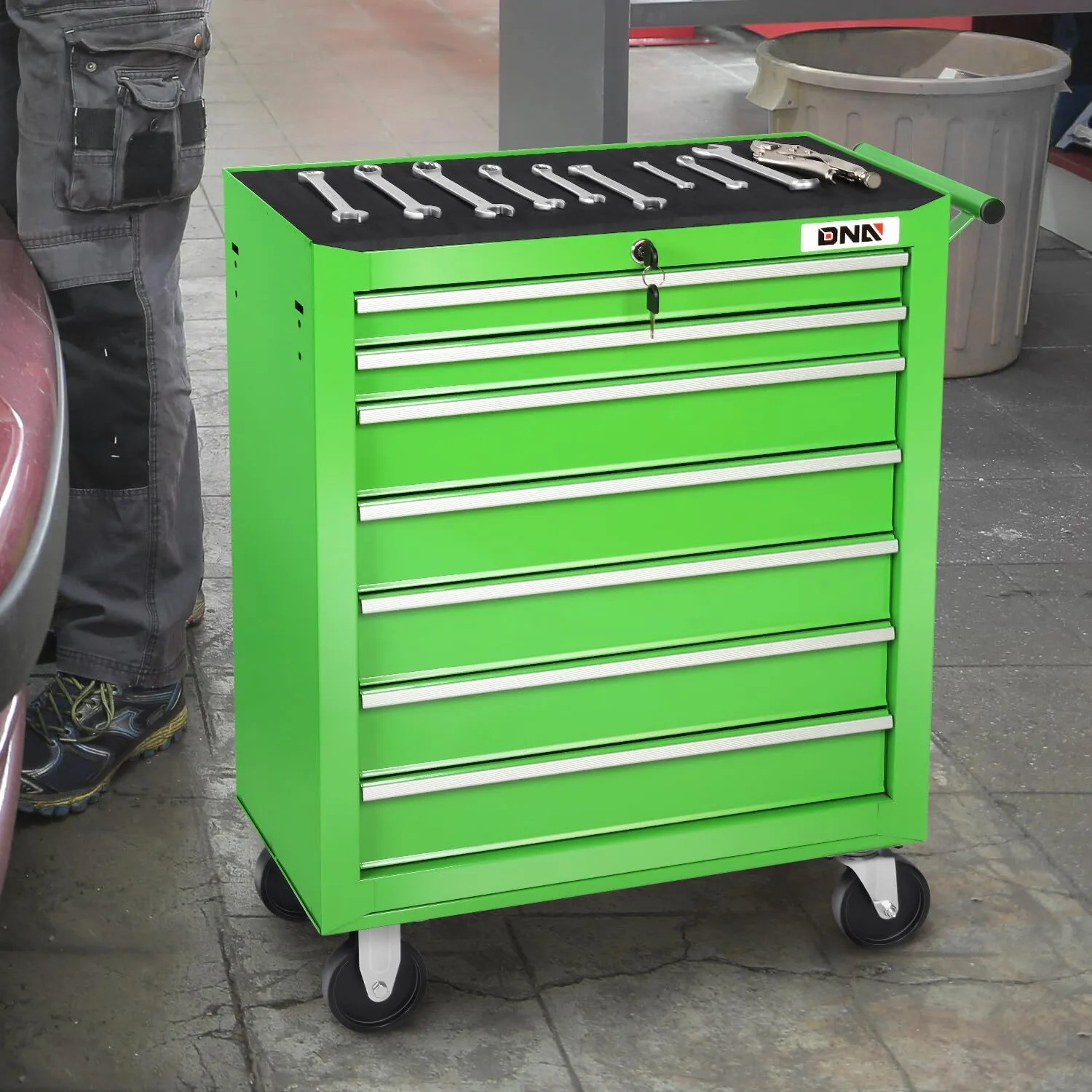 DNA MOTORING 7-Drawer Rolling Tool Cabinet Chest with Keyed Locking System Non-Slip Mat, for Garage Warehouse Workshop, Green, TOOLS-00399