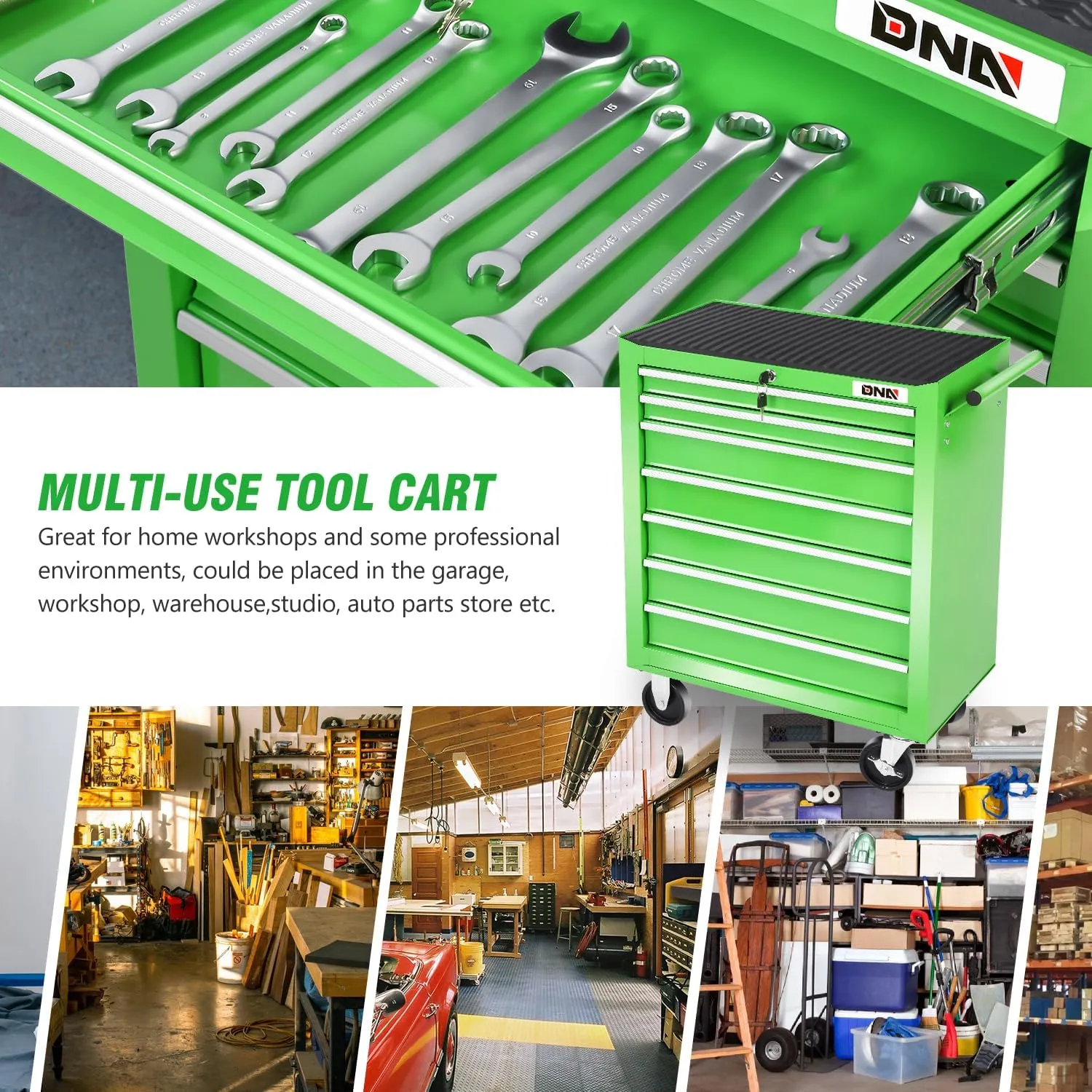 DNA MOTORING 7-Drawer Rolling Tool Cabinet Chest with Keyed Locking System Non-Slip Mat, for Garage Warehouse Workshop, Green, TOOLS-00399