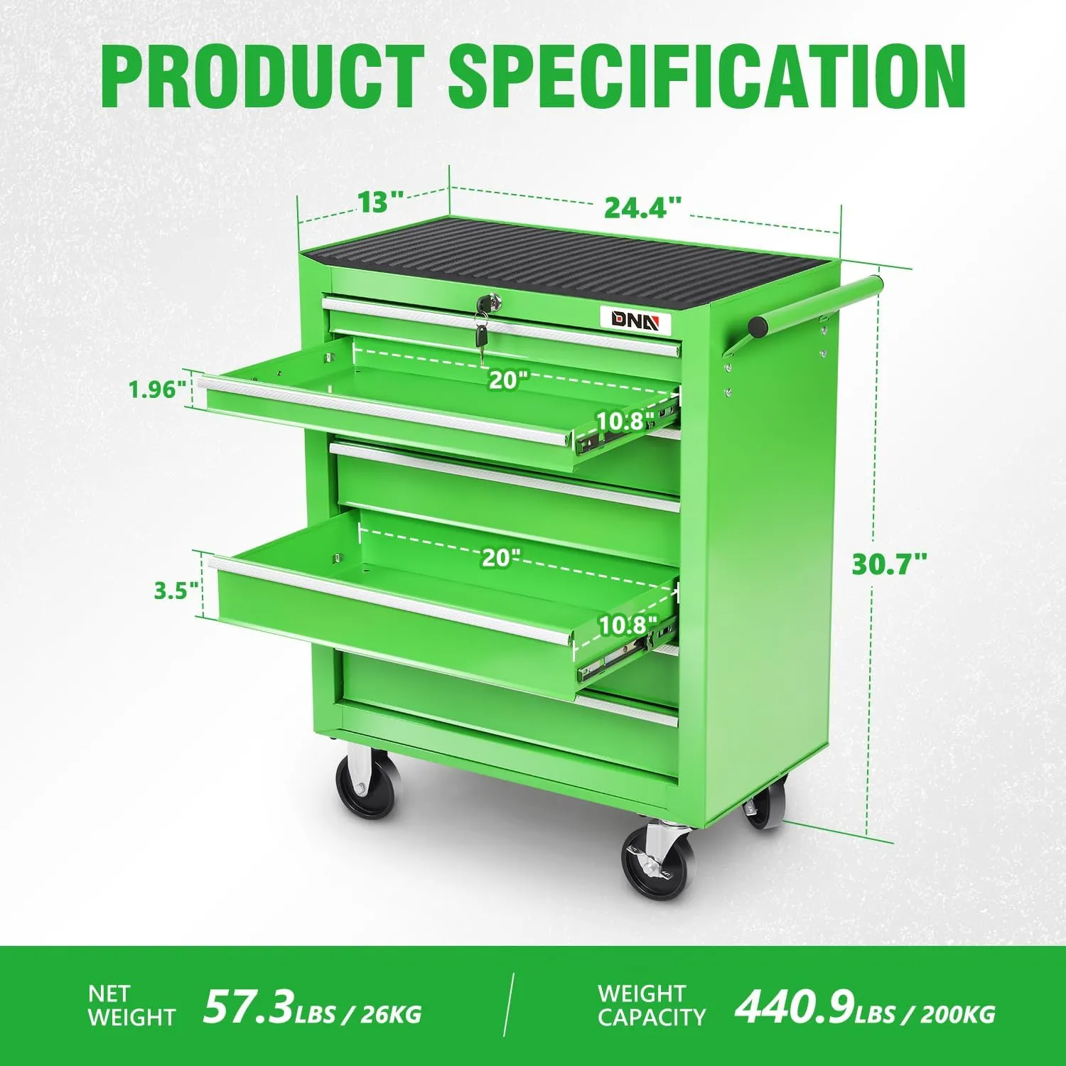 DNA MOTORING 7-Drawer Rolling Tool Cabinet Chest with Keyed Locking System Non-Slip Mat, for Garage Warehouse Workshop, Green, TOOLS-00399