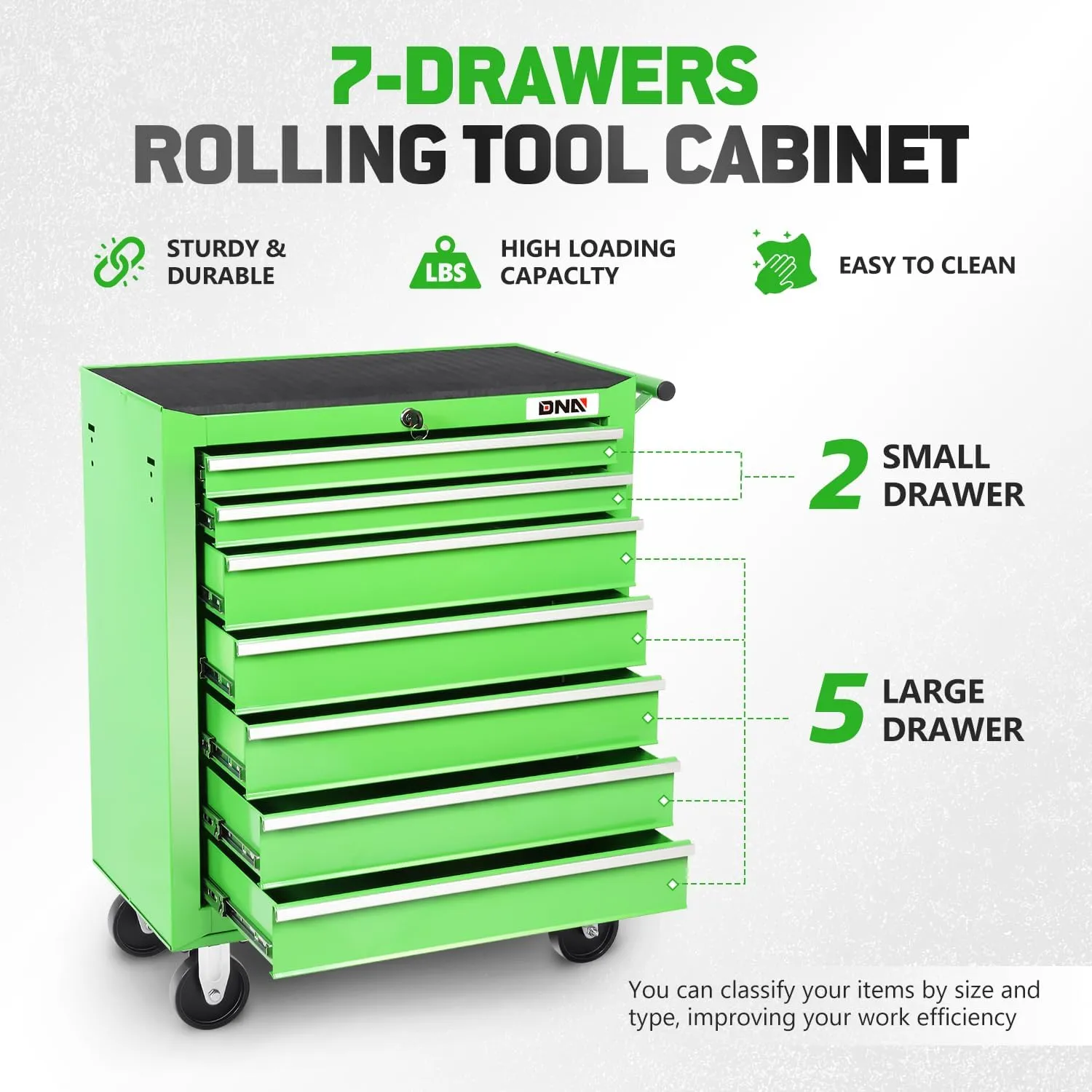 DNA MOTORING 7-Drawer Rolling Tool Cabinet Chest with Keyed Locking System Non-Slip Mat, for Garage Warehouse Workshop, Green, TOOLS-00399