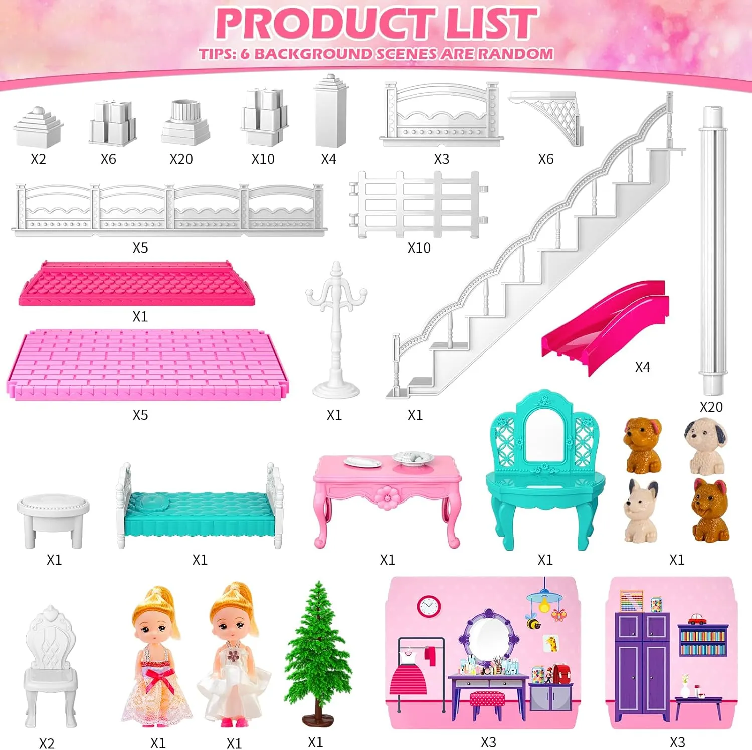 Dollhouses, Housetoys Furniture Pink Girl Toys, 4 Stories 10 Rooms Dreamhome with 2 Princesses Slide Accessories, Toddler Playhouse Gift for for 3 4 5 6 7 8 9 10 Year Old Girls Toys