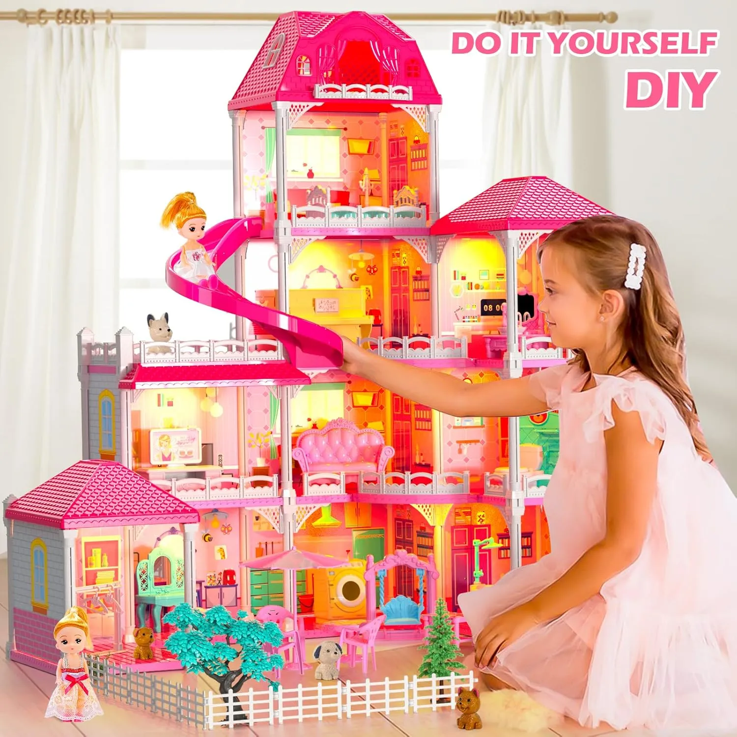 Dollhouses, Housetoys Furniture Pink Girl Toys, 4 Stories 10 Rooms Dreamhome with 2 Princesses Slide Accessories, Toddler Playhouse Gift for for 3 4 5 6 7 8 9 10 Year Old Girls Toys