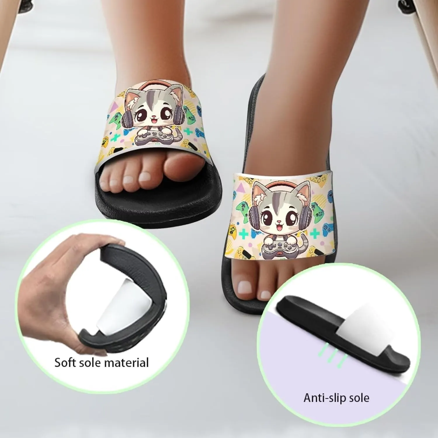 Doojoayie Cute Cat Theme Kids Girls Slide Sandals with Arch Support for Outdoor Play