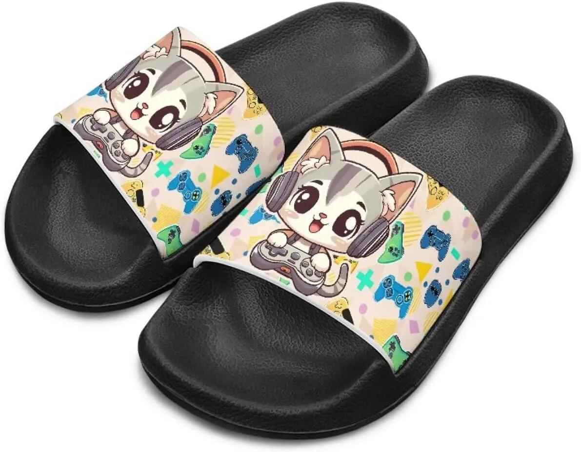 Doojoayie Cute Cat Theme Kids Girls Slide Sandals with Arch Support for Outdoor Play