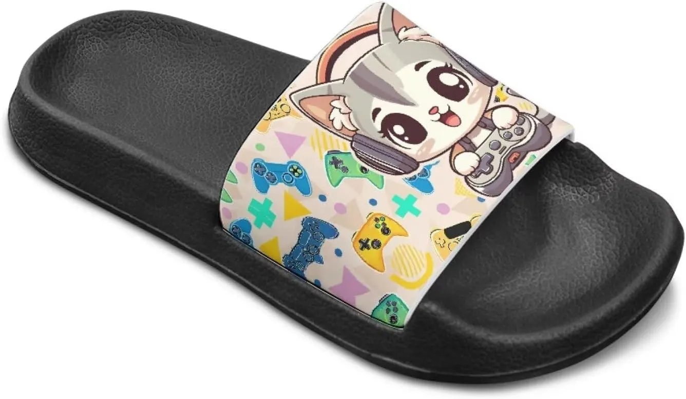 Doojoayie Cute Cat Theme Kids Girls Slide Sandals with Arch Support for Outdoor Play