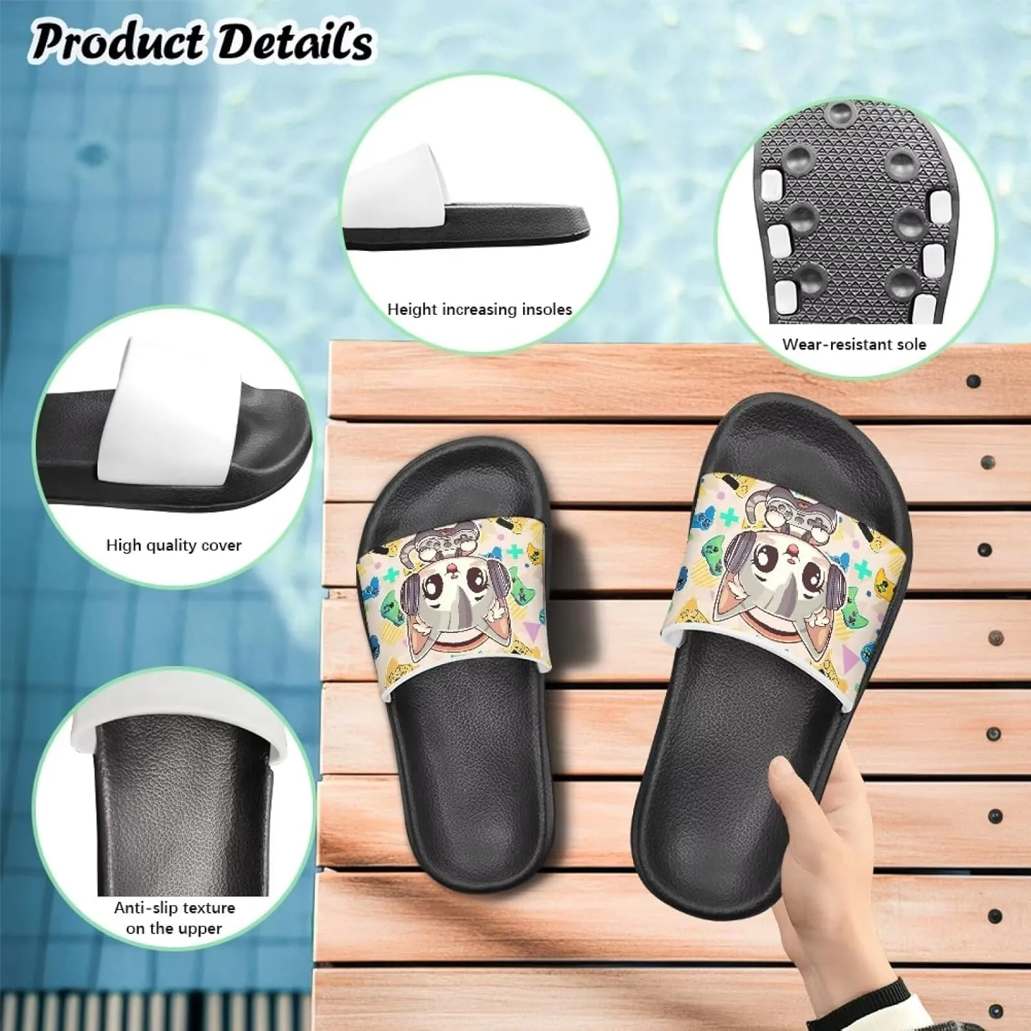 Doojoayie Cute Cat Theme Kids Girls Slide Sandals with Arch Support for Outdoor Play