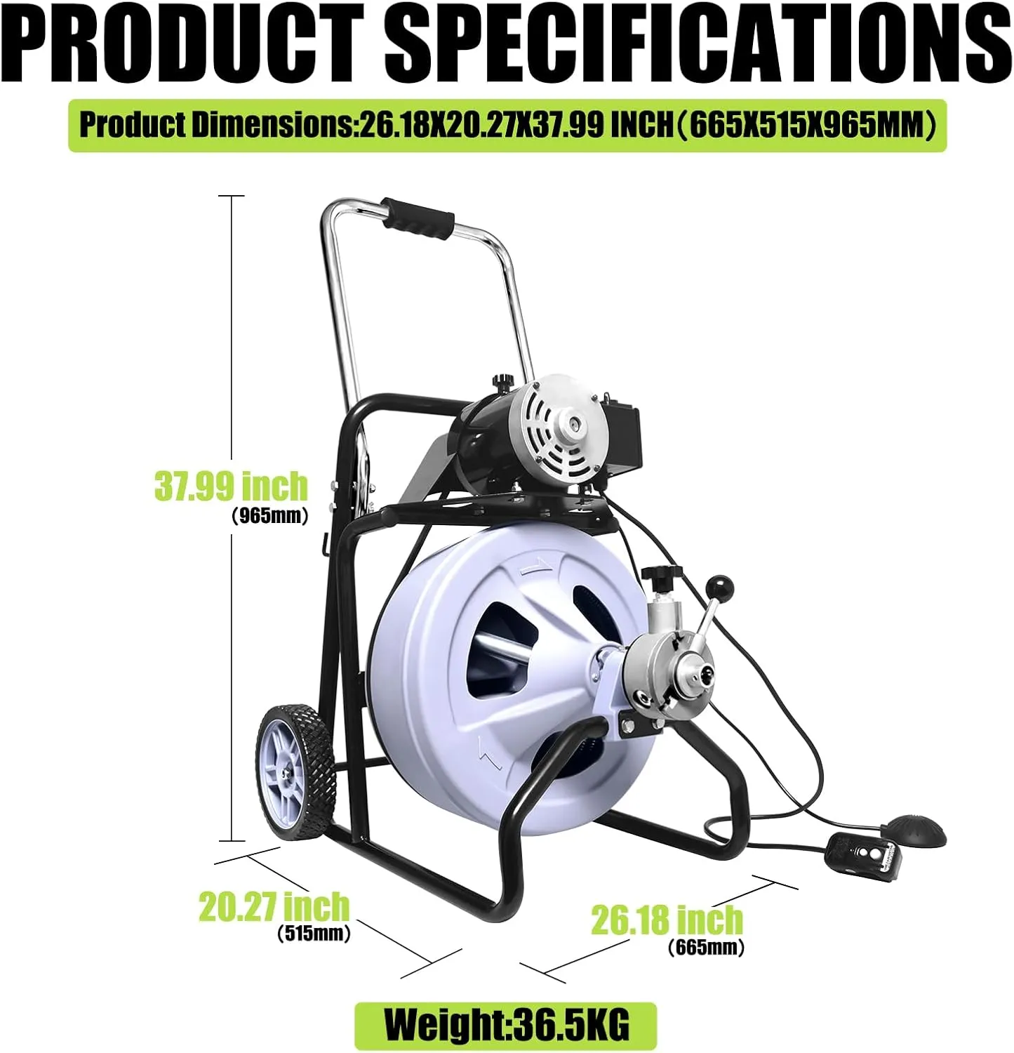 Drain Cleaner Machine 75FT x 1/2 Inch, Auto Feeding Drain Cleaners Machine for 2 to 4-inches Pipes, 8 Cutters & Air-activated Foot Switch for Plumbing Both Home and Professional Use