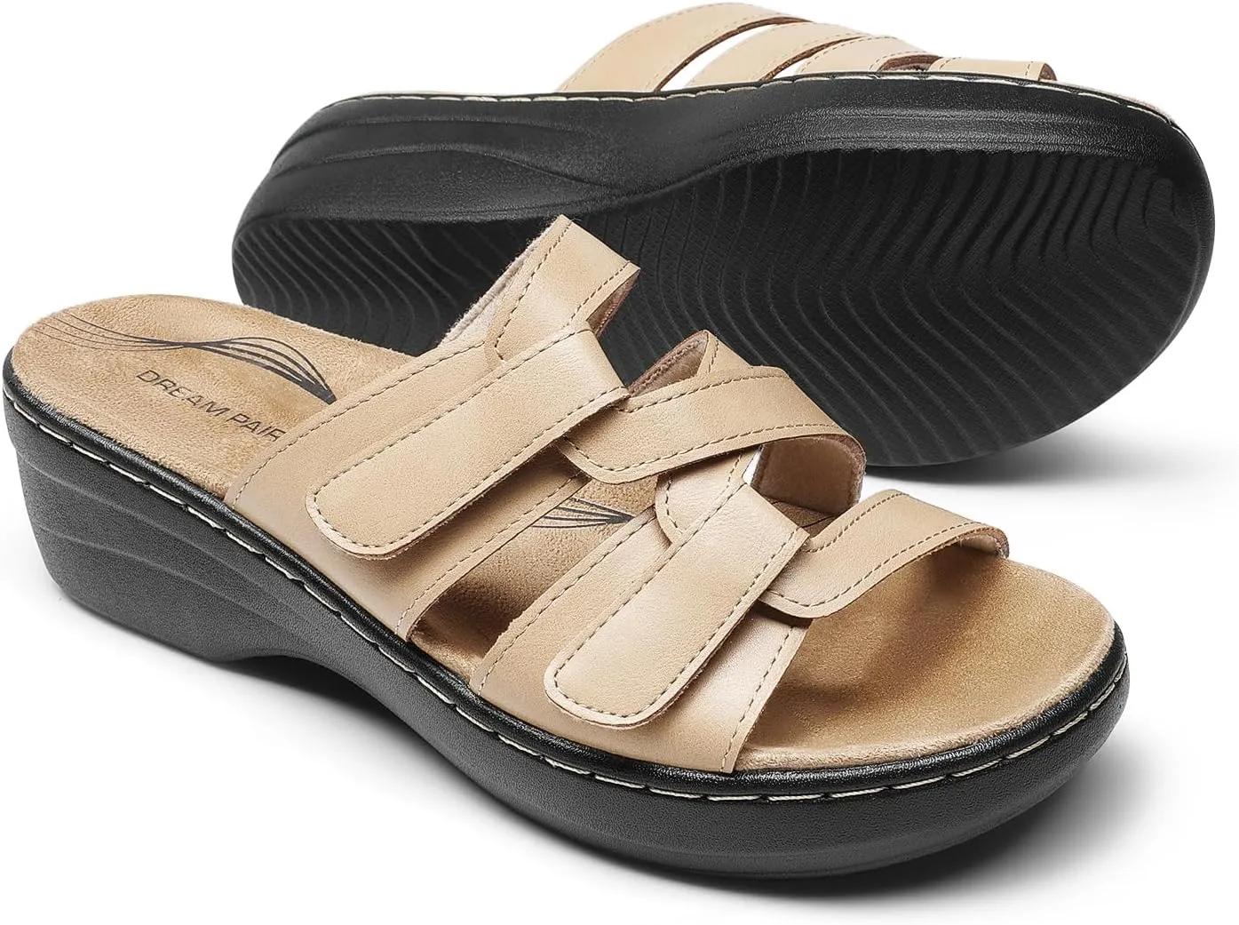 DREAM PAIRS Women's Arch Support Slide Sandals Adjustable Straps Slip On Wedge Sandals Casual Comfort Lightweight Flat Slides