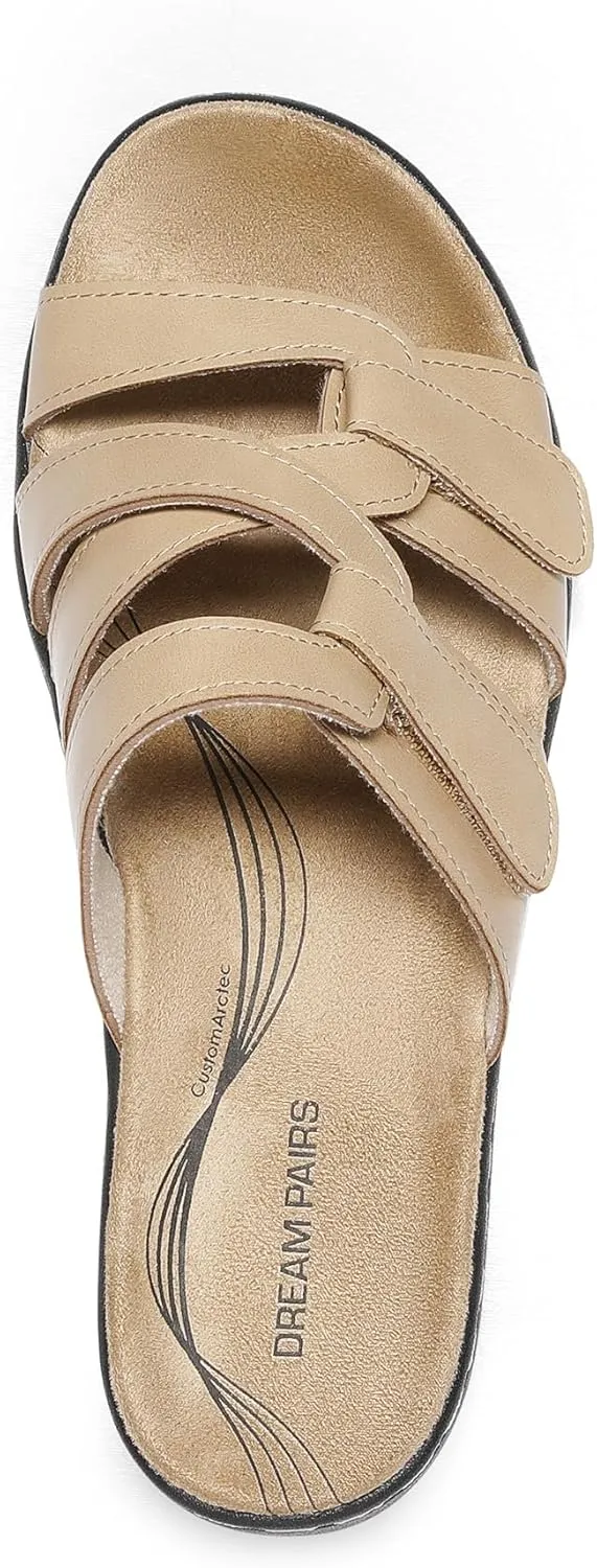 DREAM PAIRS Women's Arch Support Slide Sandals Adjustable Straps Slip On Wedge Sandals Casual Comfort Lightweight Flat Slides