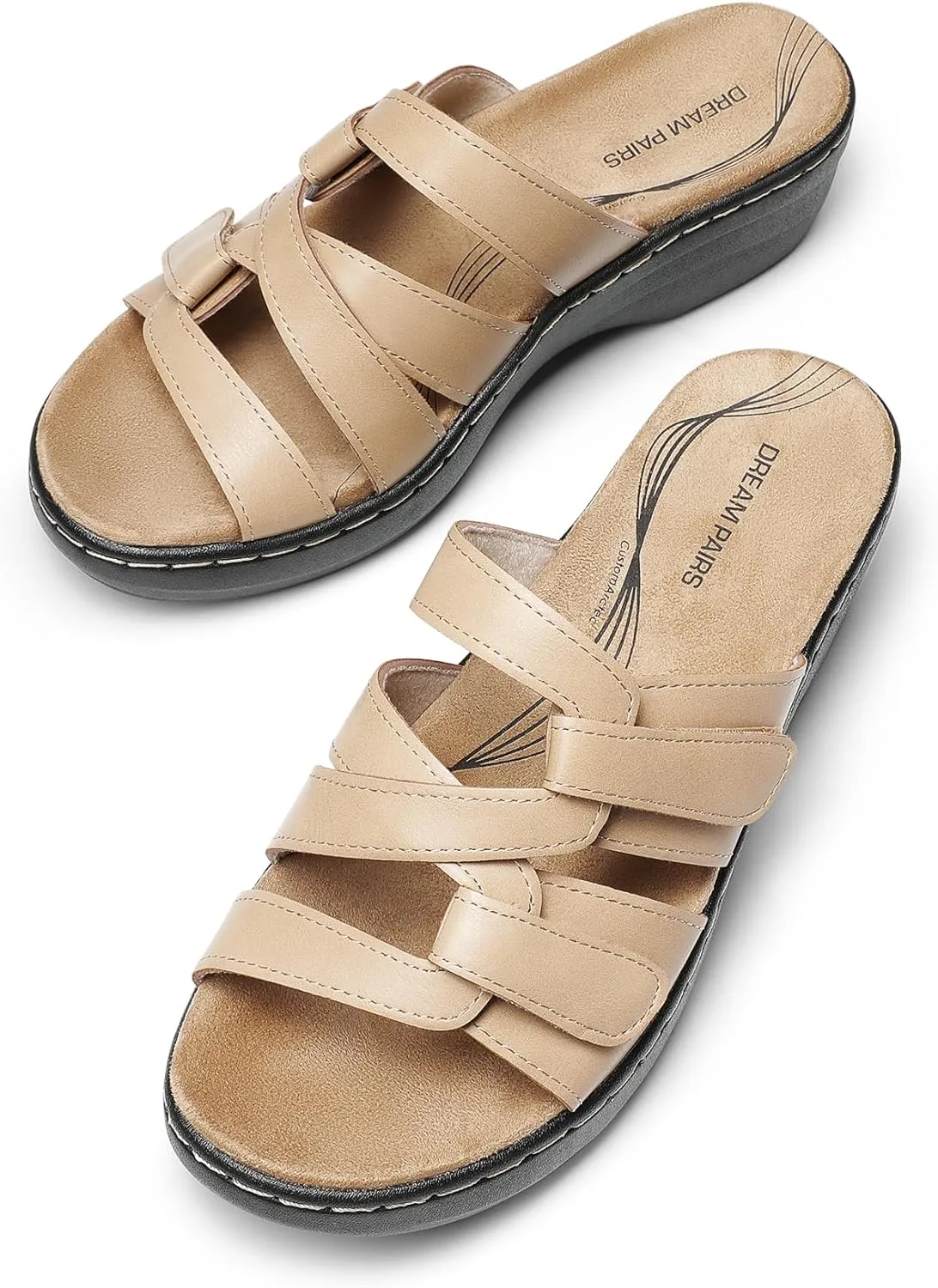 DREAM PAIRS Women's Arch Support Slide Sandals Adjustable Straps Slip On Wedge Sandals Casual Comfort Lightweight Flat Slides