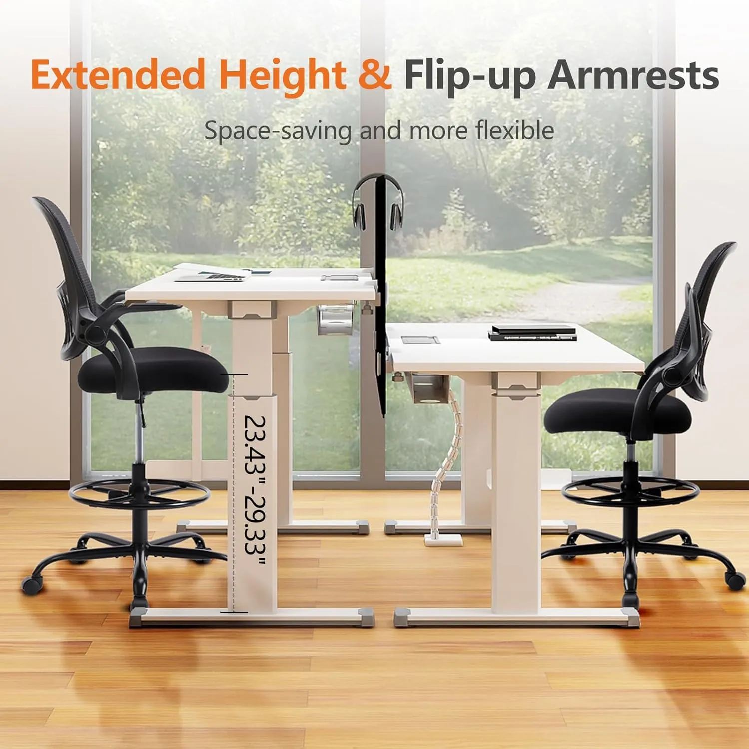 DUMOS Drafting Chair for Standing Desk, Counter Height Adjustable, Flip-up Arms, Ergonomic Mid Back Mesh Rolling Work Swivel Office Computer Chairs with Wheels, Black
