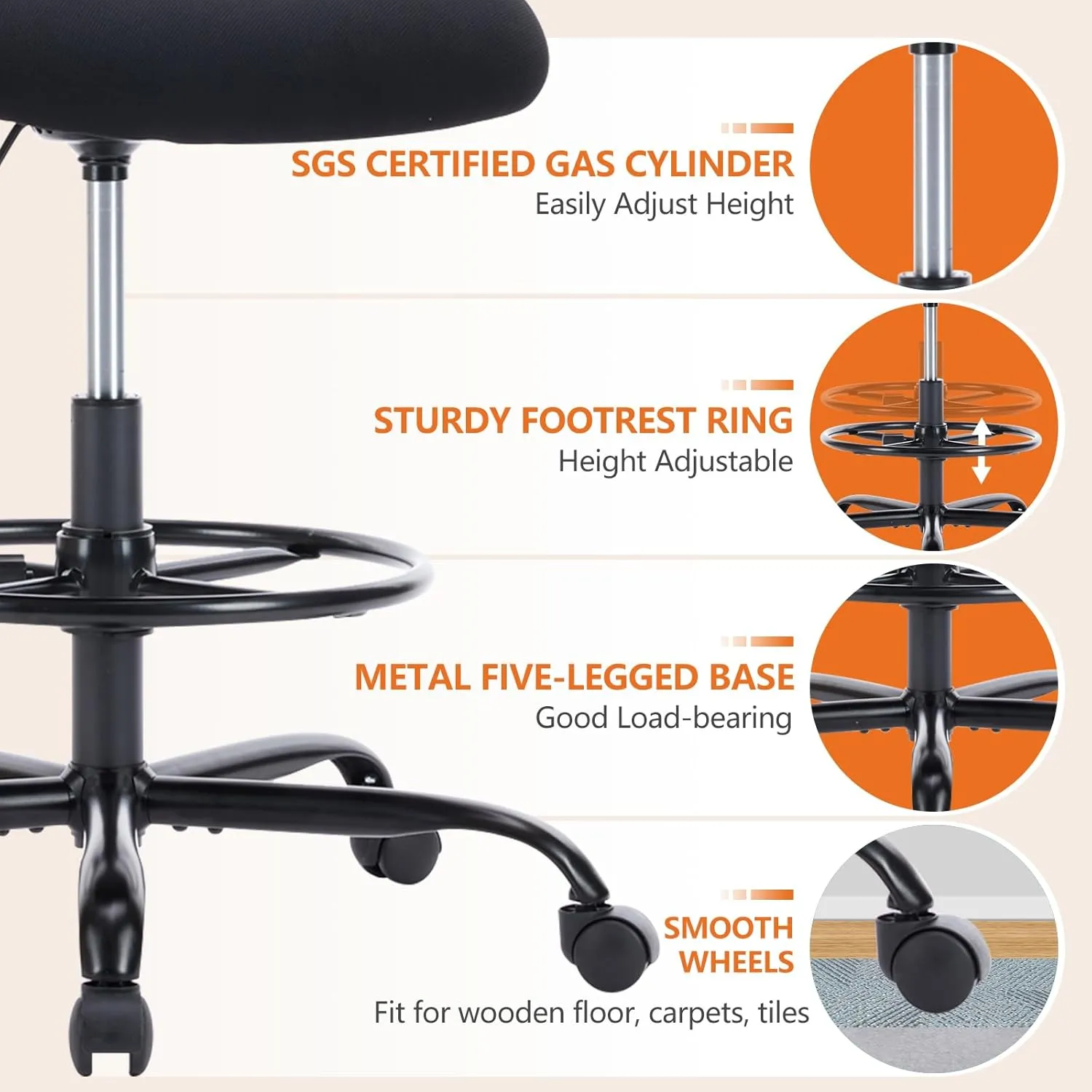 DUMOS Drafting Chair for Standing Desk, Counter Height Adjustable, Flip-up Arms, Ergonomic Mid Back Mesh Rolling Work Swivel Office Computer Chairs with Wheels, Black