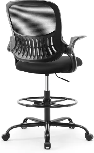 DUMOS Drafting Chair for Standing Desk, Counter Height Adjustable, Flip-up Arms, Ergonomic Mid Back Mesh Rolling Work Swivel Office Computer Chairs with Wheels, Black
