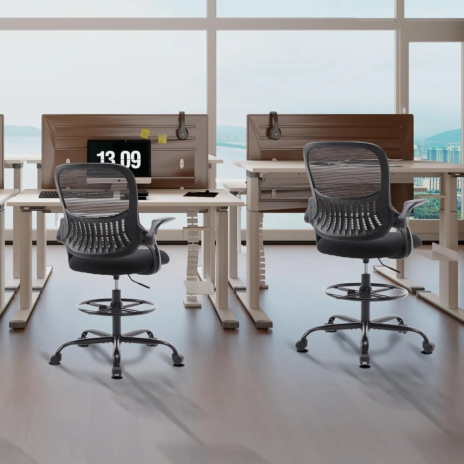 DUMOS Drafting Chair for Standing Desk, Counter Height Adjustable, Flip-up Arms, Ergonomic Mid Back Mesh Rolling Work Swivel Office Computer Chairs with Wheels, Black