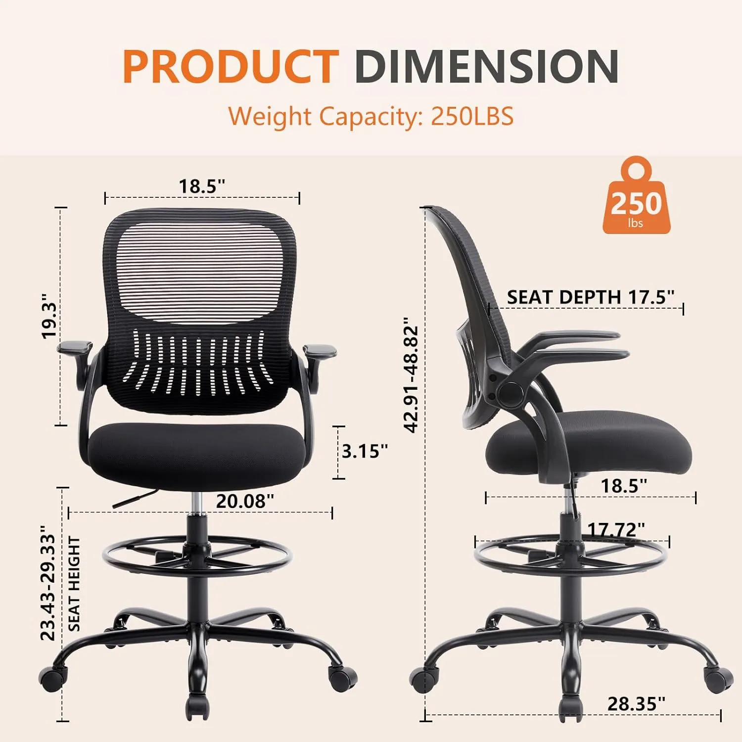 DUMOS Drafting Chair for Standing Desk, Counter Height Adjustable, Flip-up Arms, Ergonomic Mid Back Mesh Rolling Work Swivel Office Computer Chairs with Wheels, Black