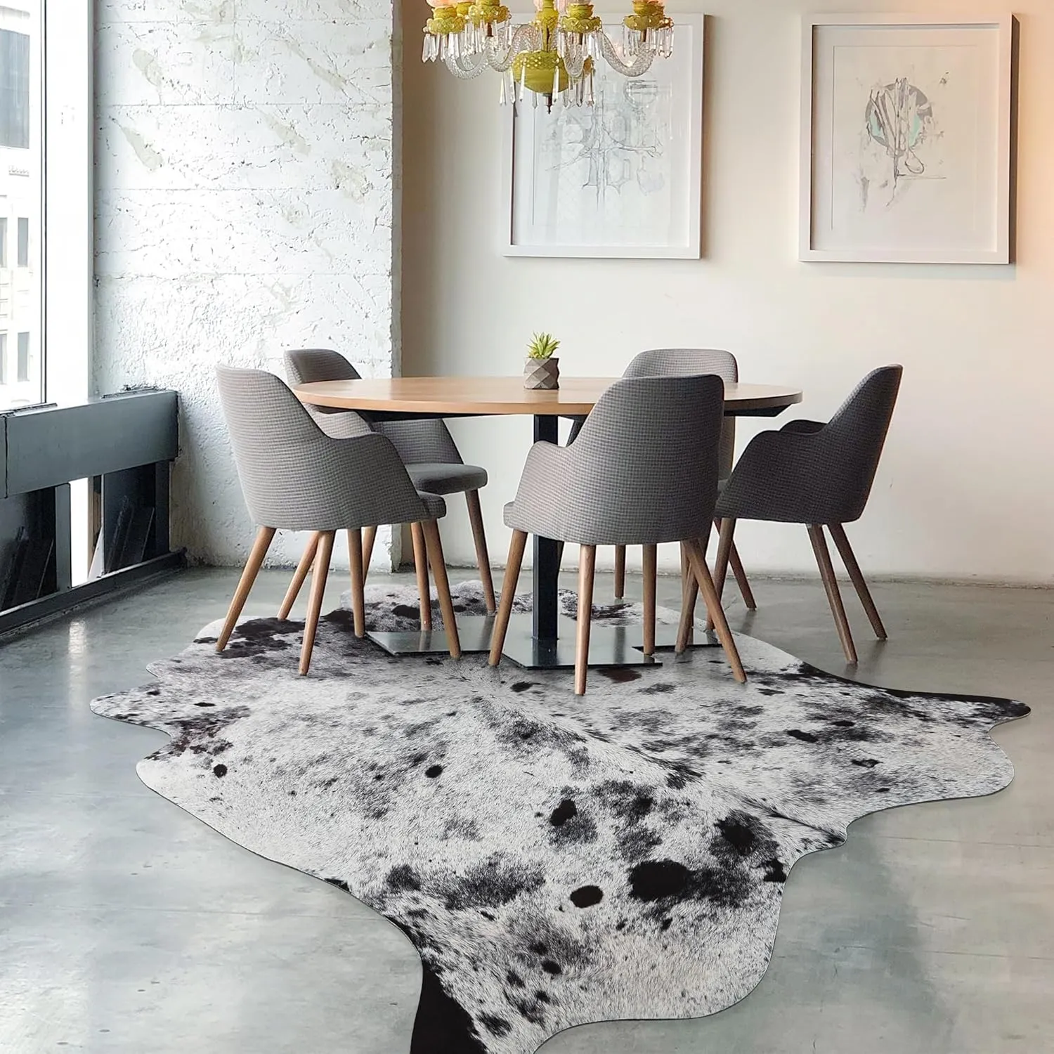 Exquisite Cowhide Rug, 6.2 x 7 ft Faux Cowhide for Living Room Bedroom, Cow Print Rug for Wall, Non-Slip, Grey White