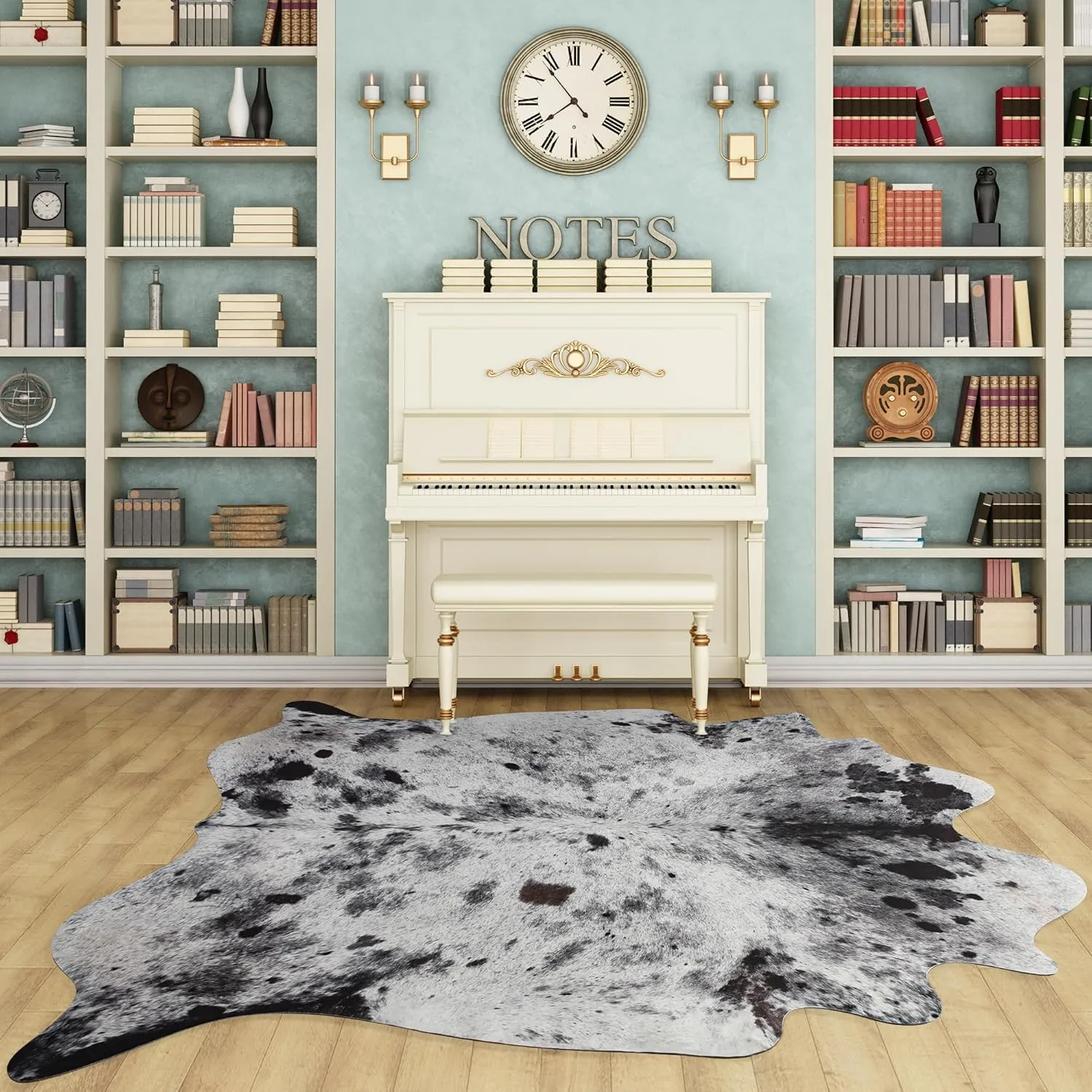 Exquisite Cowhide Rug, 6.2 x 7 ft Faux Cowhide for Living Room Bedroom, Cow Print Rug for Wall, Non-Slip, Grey White