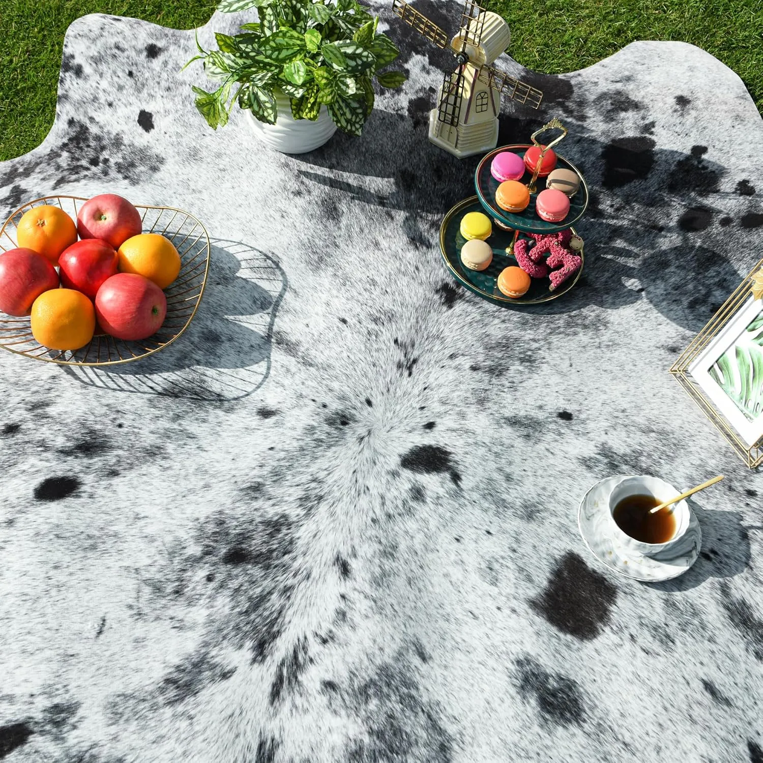 Exquisite Cowhide Rug, 6.2 x 7 ft Faux Cowhide for Living Room Bedroom, Cow Print Rug for Wall, Non-Slip, Grey White
