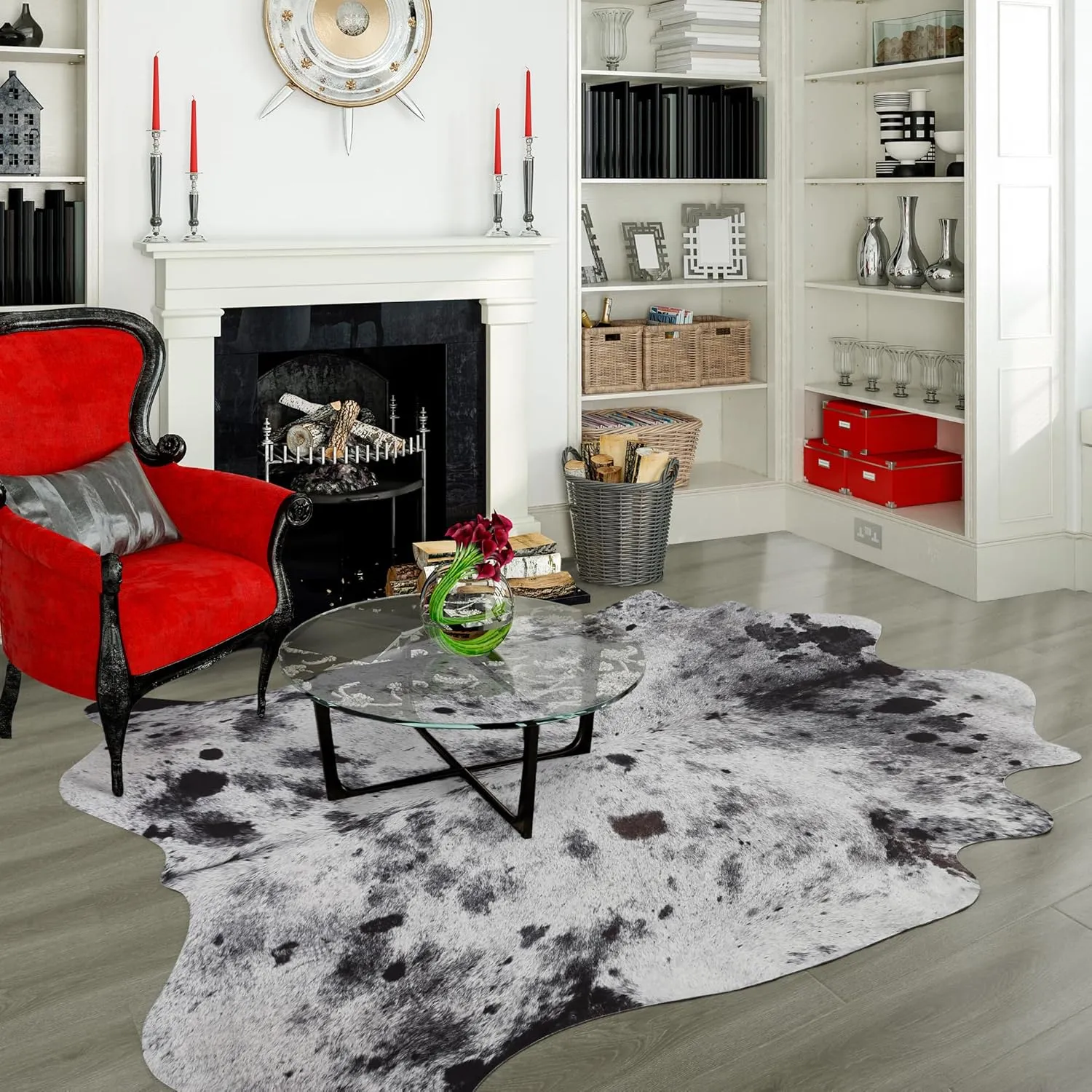 Exquisite Cowhide Rug, 6.2 x 7 ft Faux Cowhide for Living Room Bedroom, Cow Print Rug for Wall, Non-Slip, Grey White